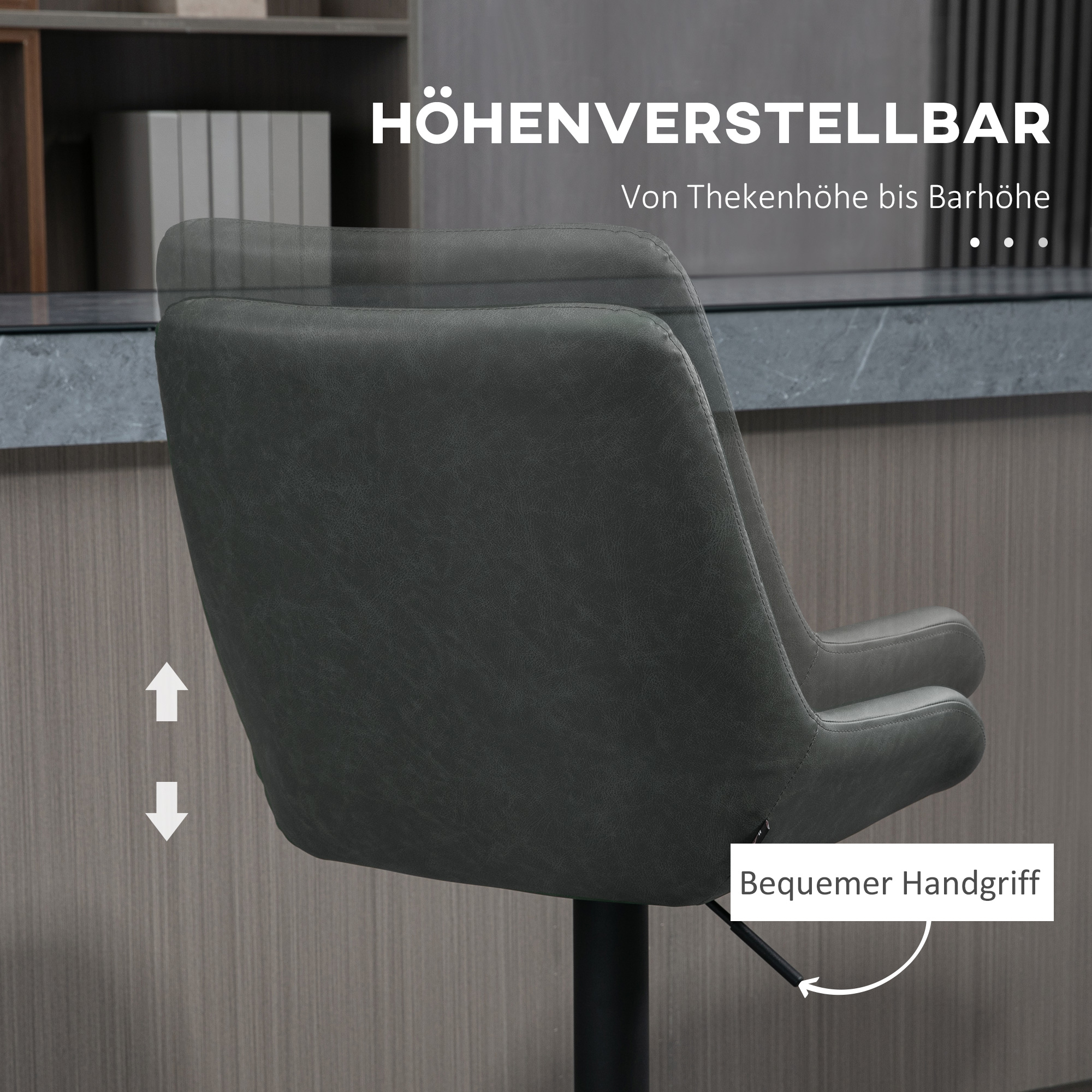 Barhocker Küchenhocker Designhocker, höhenverstellbar, mit Fußstütze, 51 cm x 59 cm x 117 cm, Dunkelgrau + Schwarz