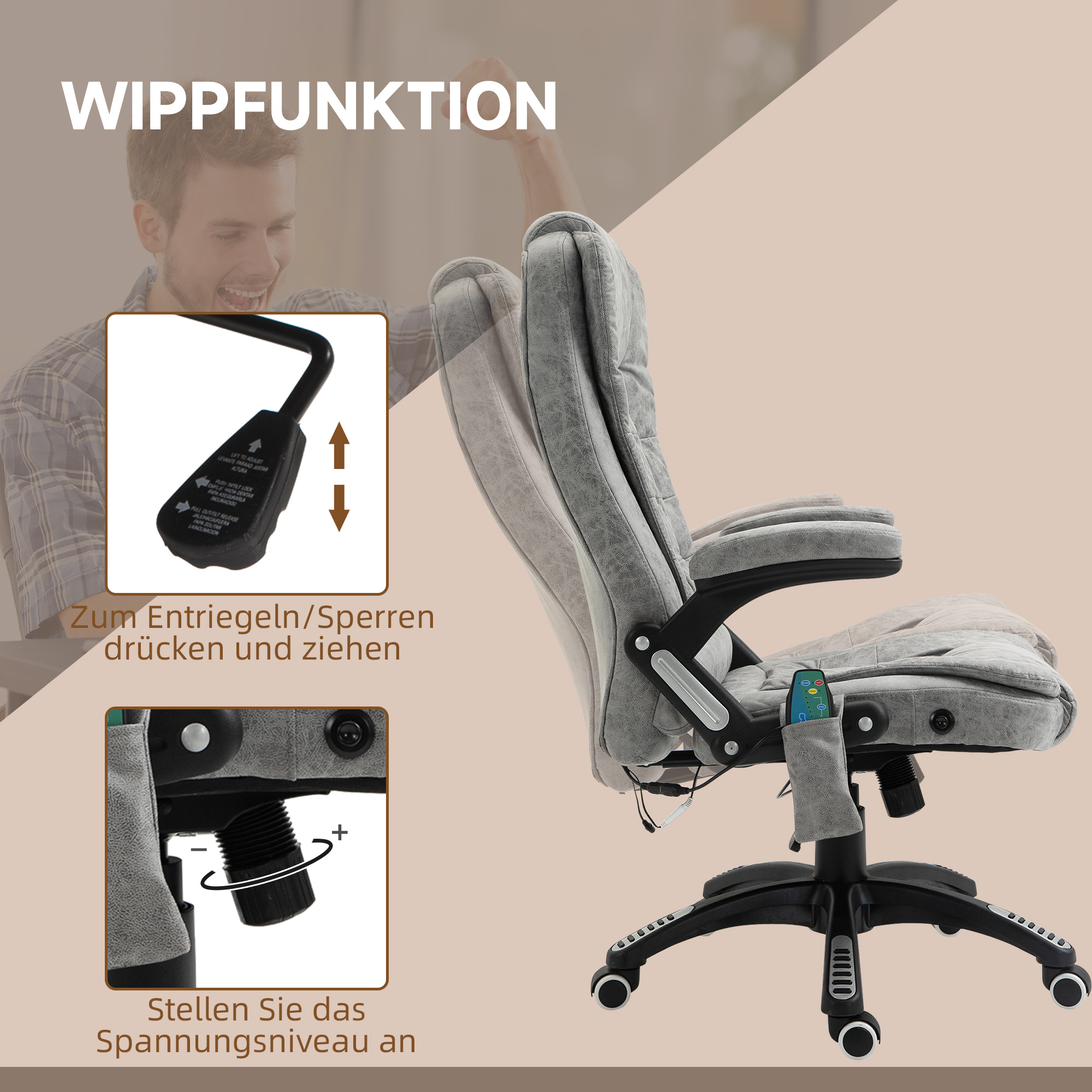 Chefsessel mit Massage- & Wärmefunktion, ergonomisch, verstellbar, bis 120kg, Grau
