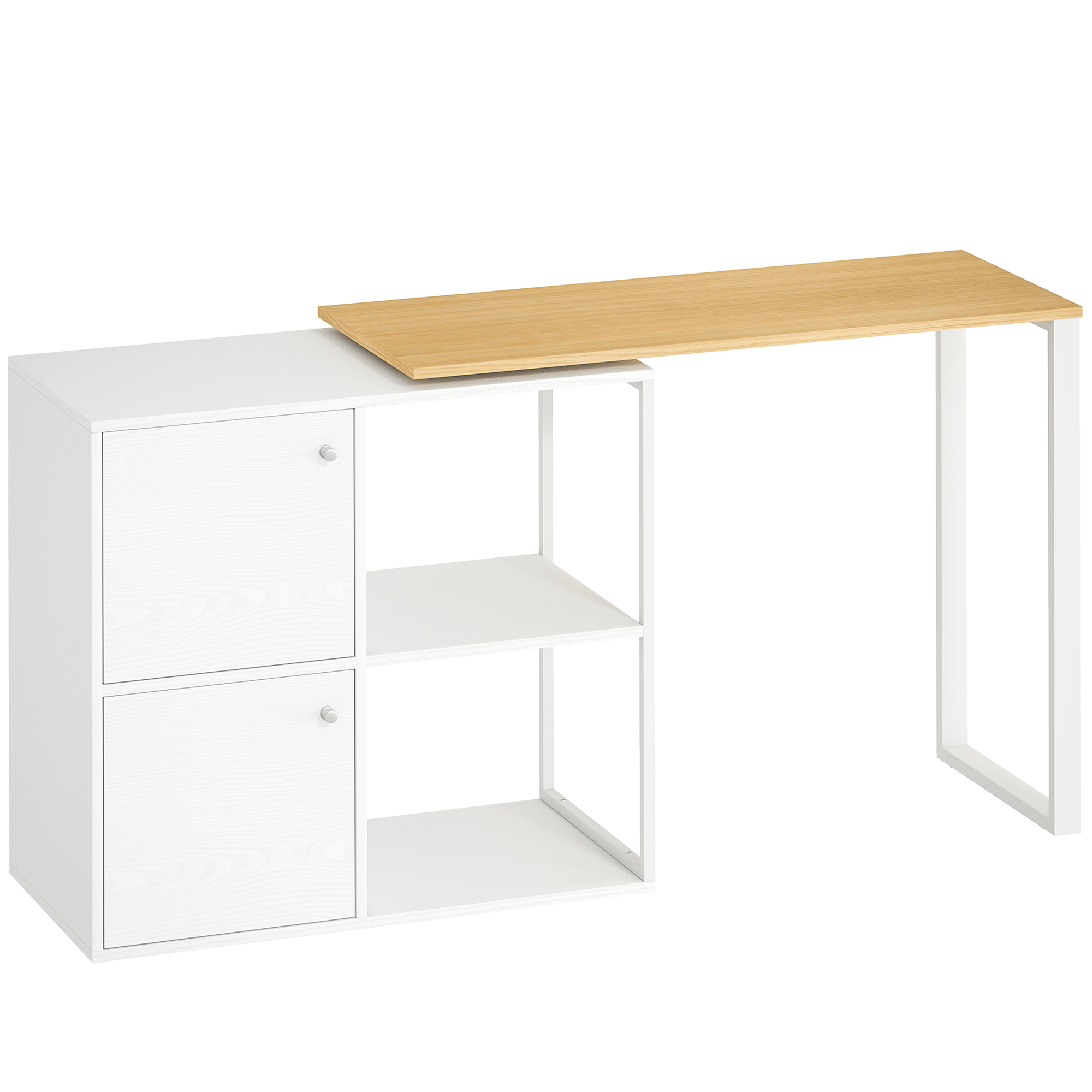 Schreibtisch L-förmig, 360° drehbarer Eckschreibtisch mit 2 Lagerschränken, 2 offenen Regalen, Computertisch für kleine Räume, Arbeitszimmer, Wohnzimmer, 150x40x75 cm, Weiß