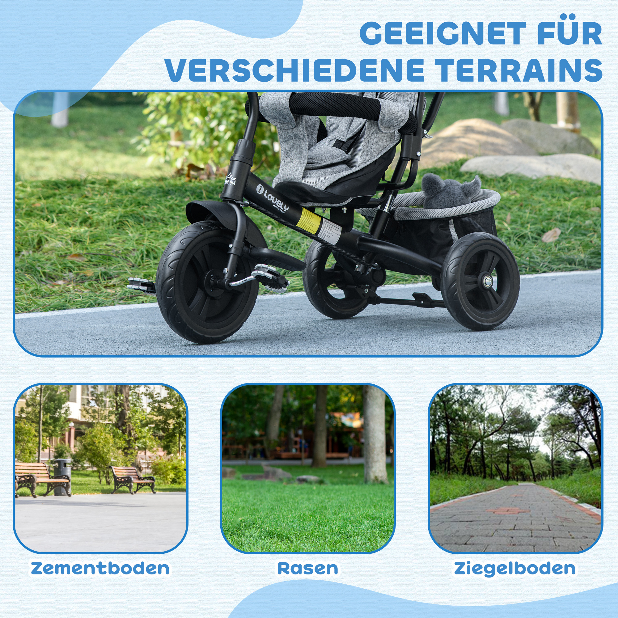 Kinder-Dreirad, Kinderfahrrad, Rückenkorb, Becherhalter, Sonnendach, Metall, Grau