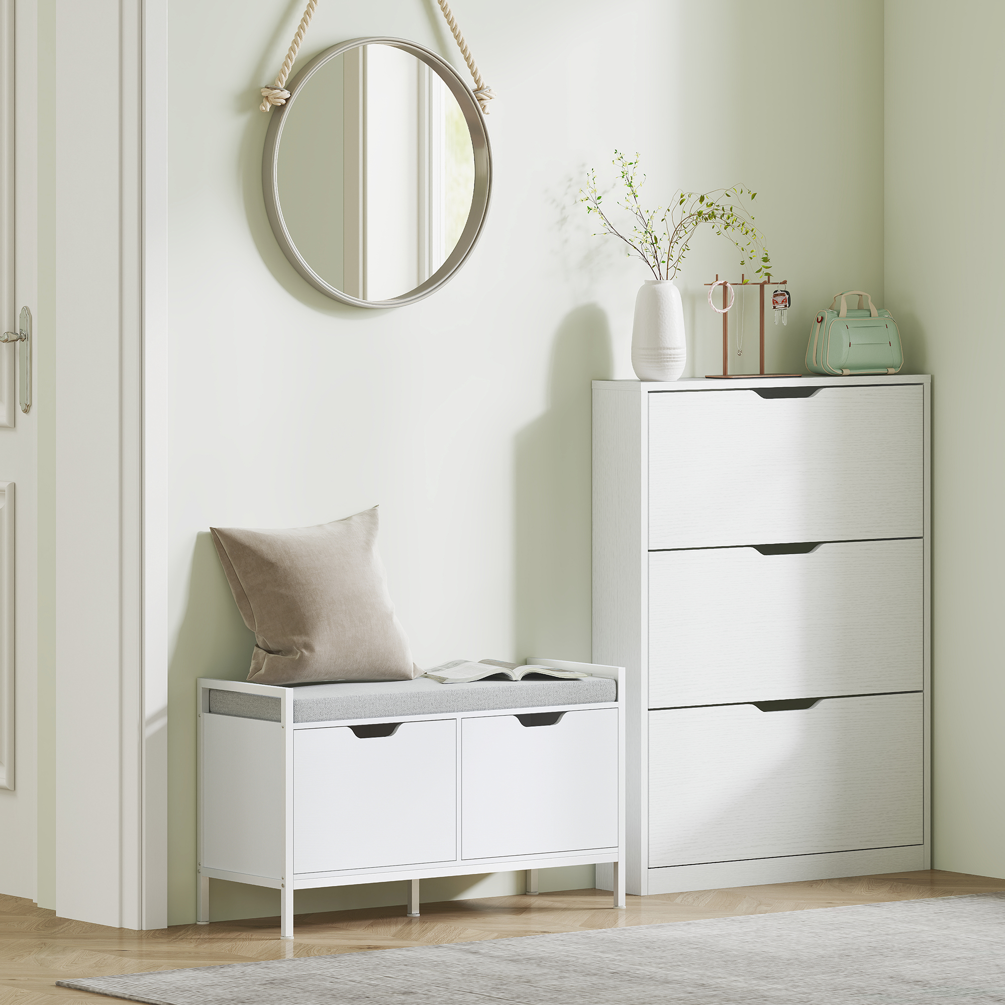 Schuhschrank mit 3 Klappschubladen, für bis zu 12 Paar Schuhe, Spanplatte, 80 x 17 x 108 cm, Weiß