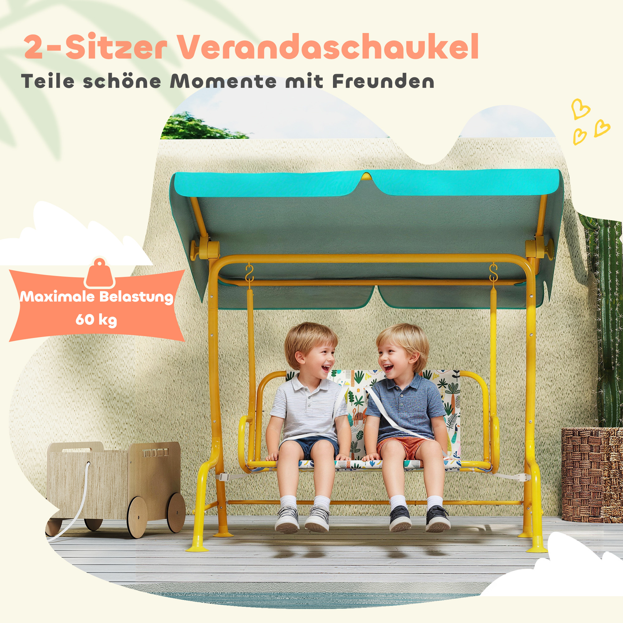 2-Sitzer Kinder Hollywoodschaukel mit verstellbar Sonnendach Sicherheitsgurt für 3-6 Jahre bis 60 kg 112x75x120cm Grün