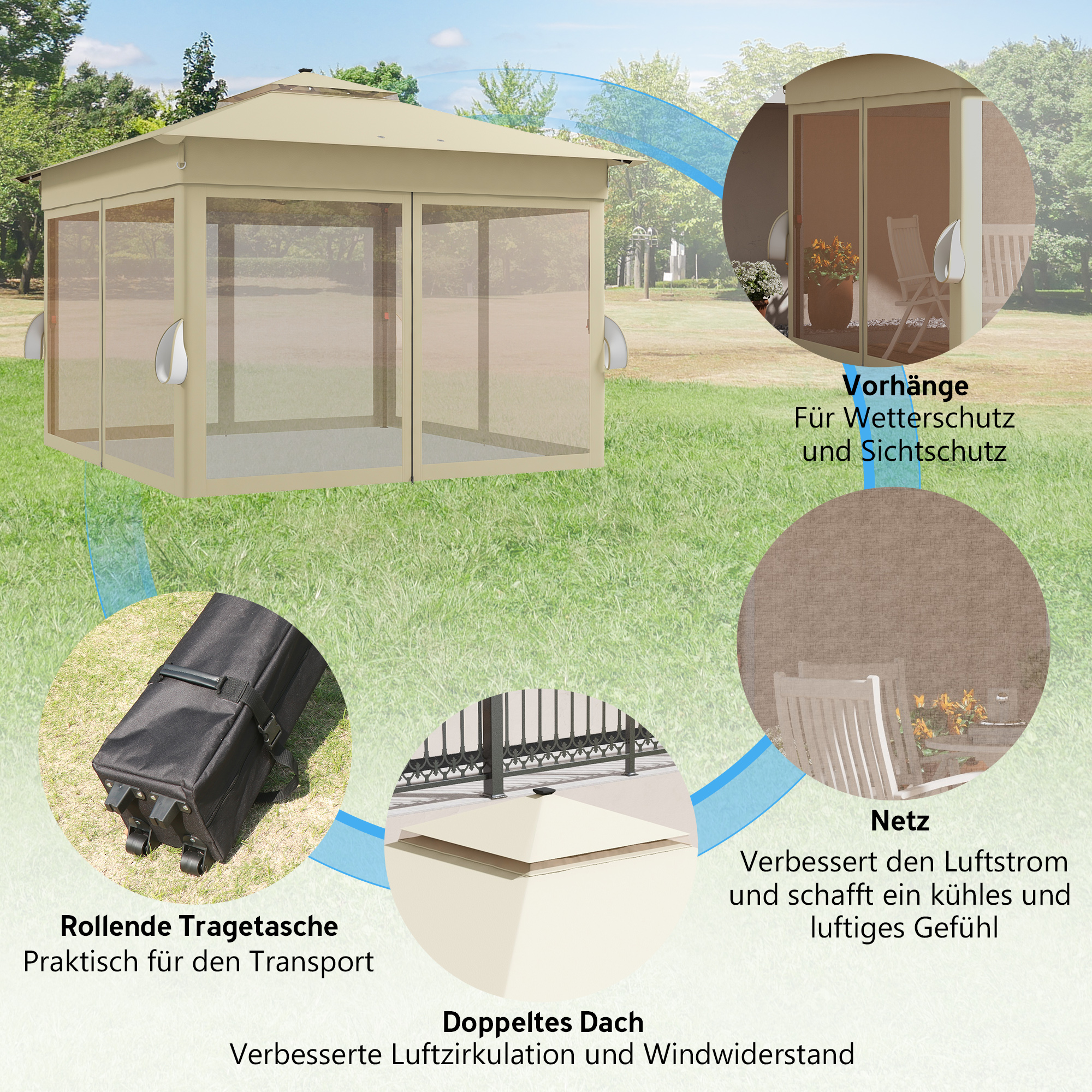 Pavillon 3,3x3,3m Wasserabweisend Pop-up Faltpavillon mit LED, Doppeldach, Moskitonetz 4 Seitenteilen Tasche