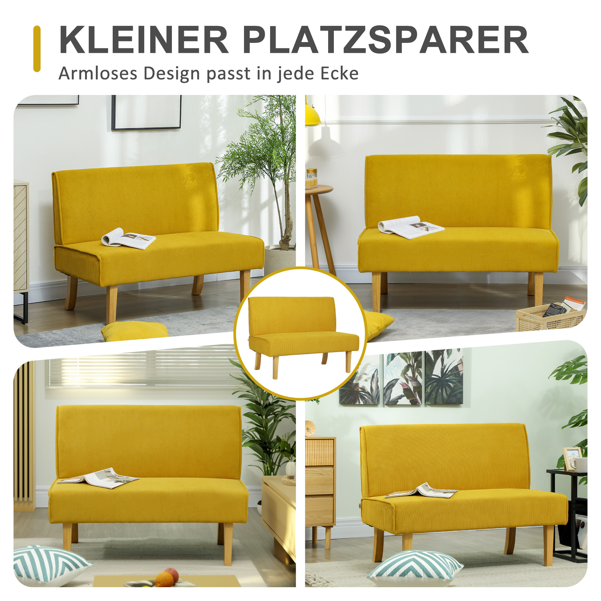Zweisitzer-Sofa mit Cord-Bezug, dicker Polsterung und soliden Holzbeinen für Wohnzimmer, Schlafzimmer, Büro, Gelb