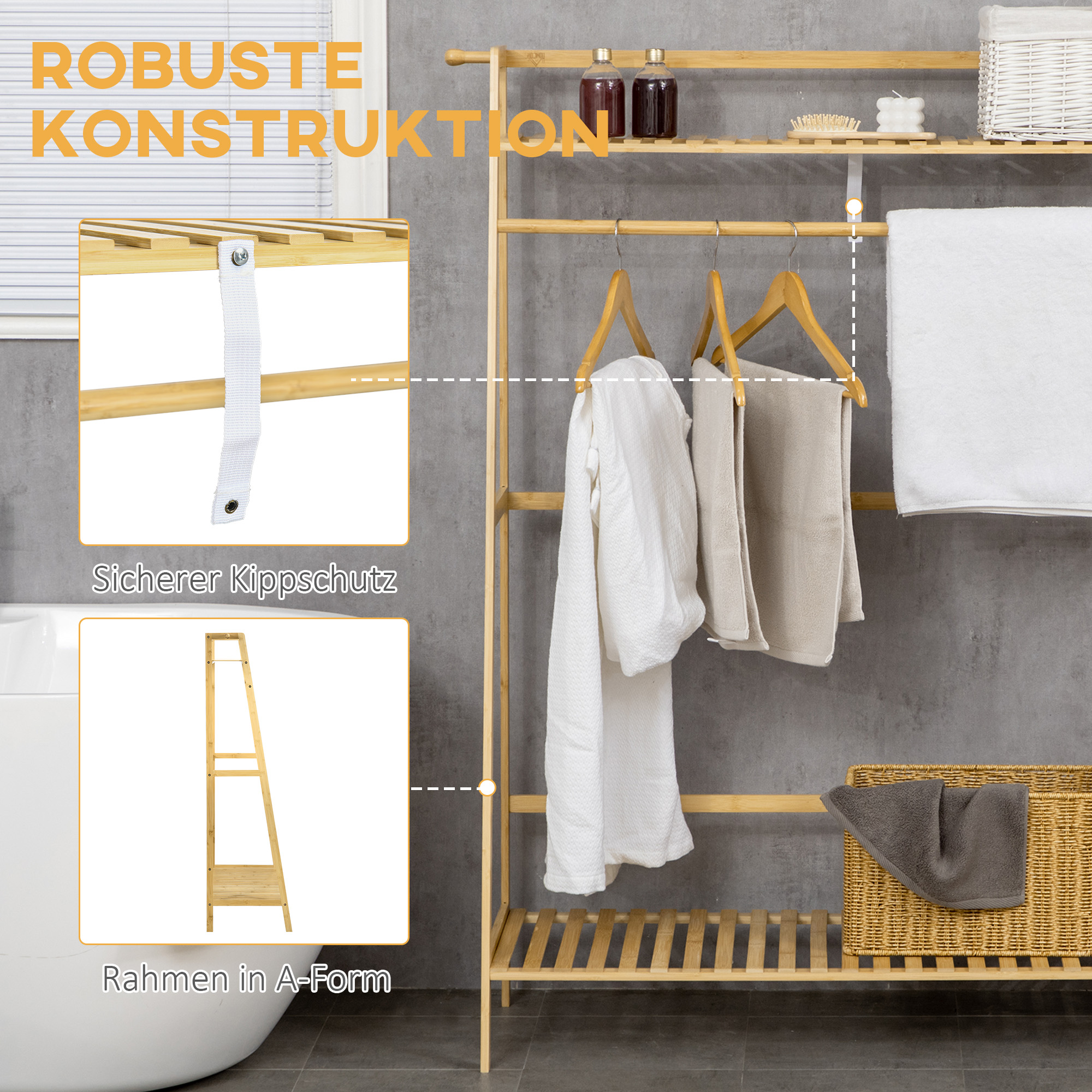 Kleiderständer aus Bambus, 2 Kleiderhaken, Kleiderstange, 2 Ablagen, 114 x 40 x 139 cm