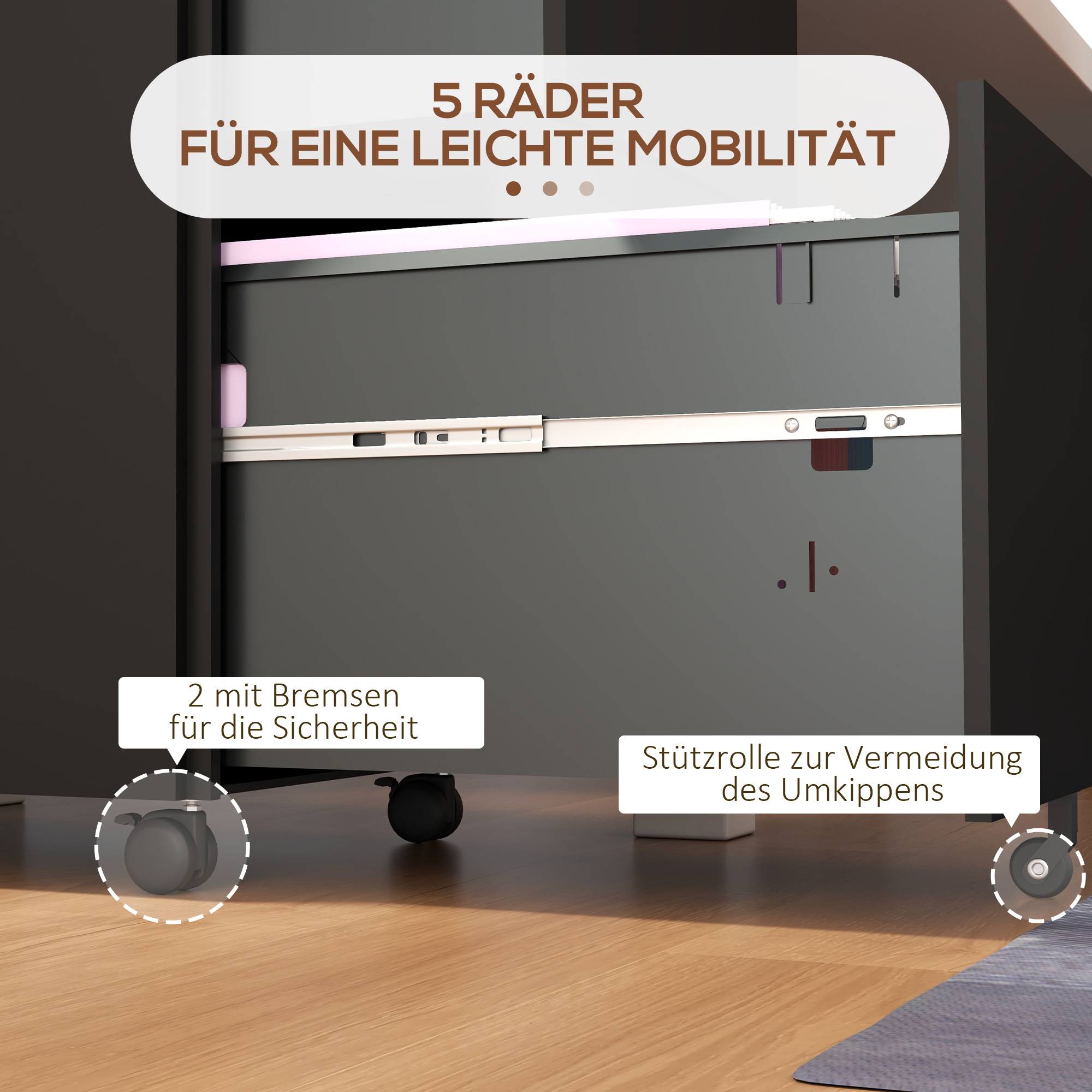 Rollcontainer Aktenschrank, 2 Schubladen, ab­schließ­bar, rollbar, 37 cm x 43,5 cm x 67,5 cm, Schwarz