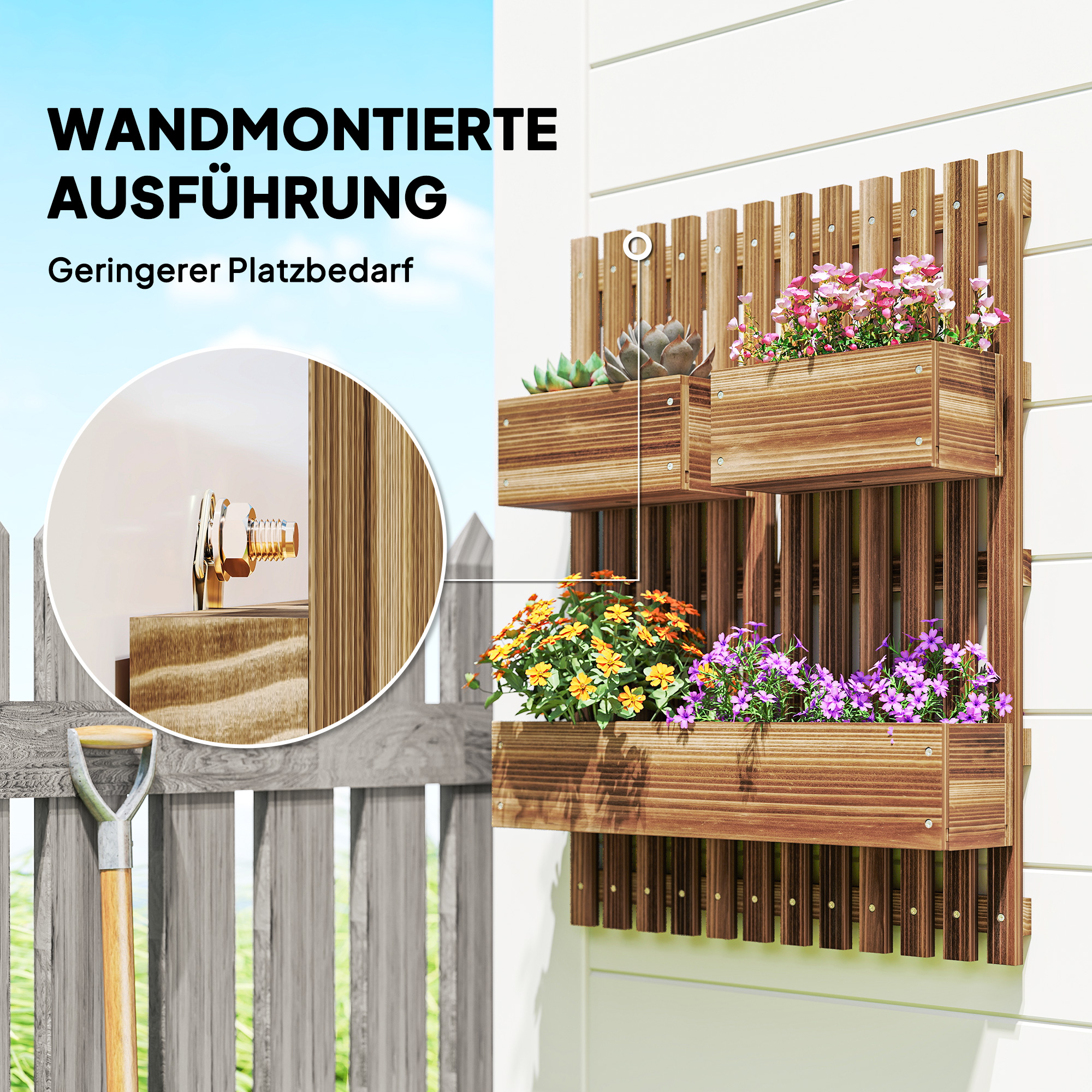 Blumenkasten-Set, Wandmontage, frei versetzbar, Massivholz, 60 x 16 x 80 cm