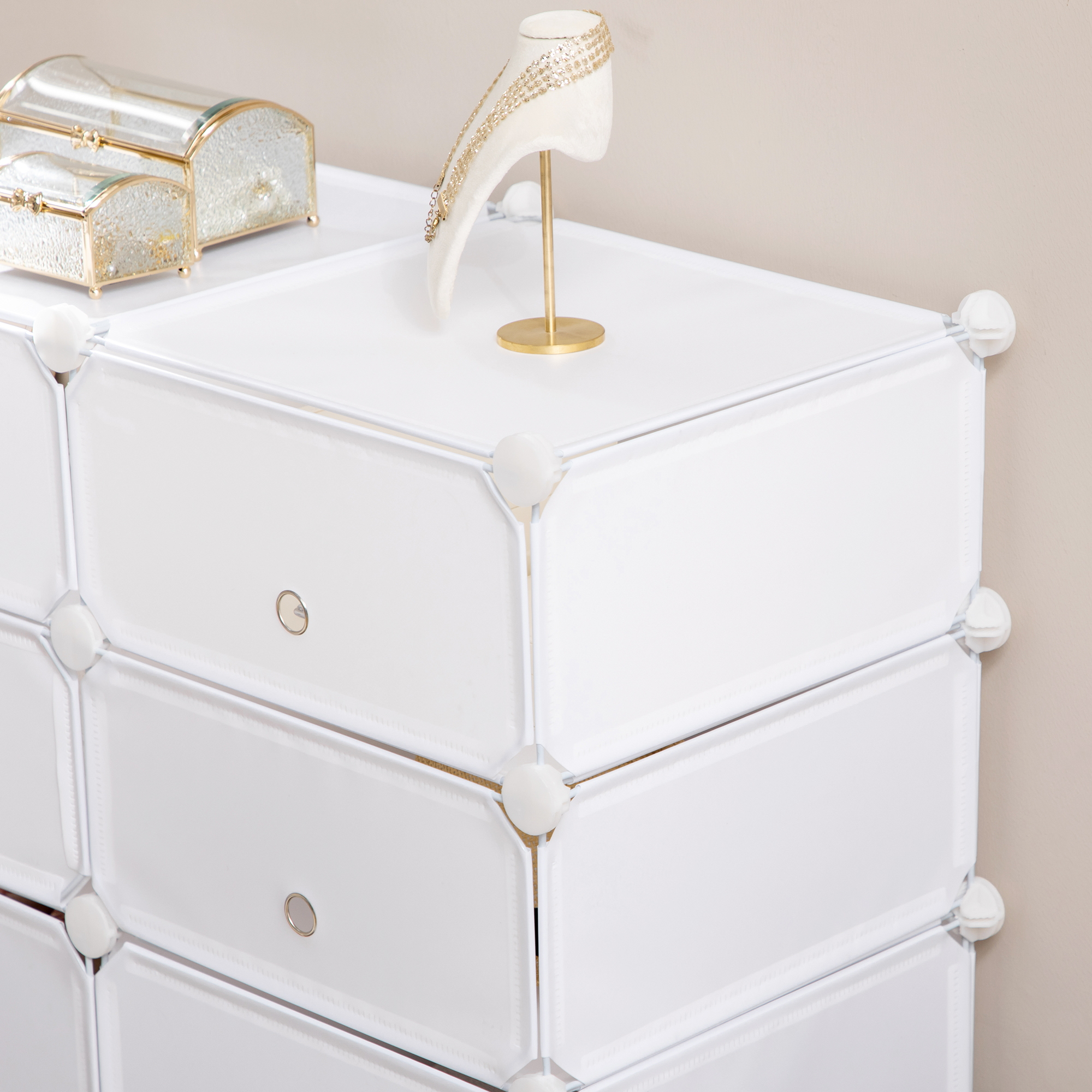 Schuhschrank, Regal mit Aufbewahrungsboxen, Kleiderschrank, Kunststoff, Stahl, Weiß, 75 x 37 x 73 cm