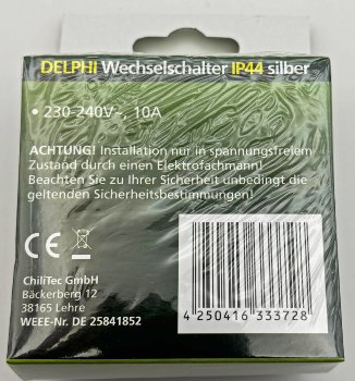 DELPHI Wechsel-Schalter IP44, 250V~/ 10A, inkl. Rahmen, UP, silber