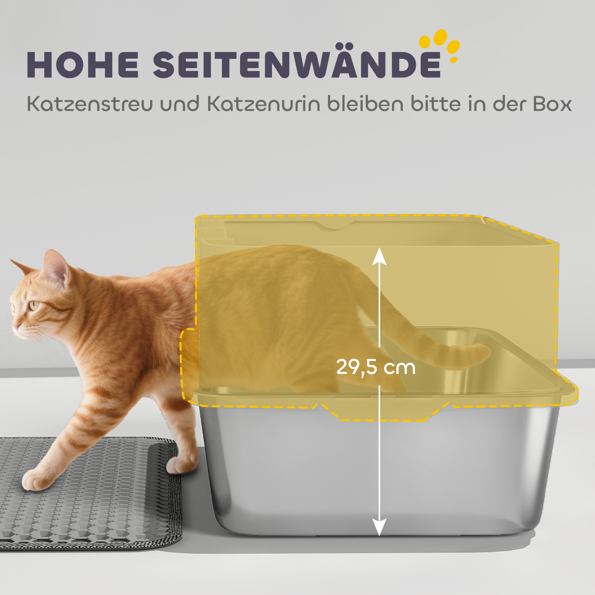 Katzentoilette Edelstahl Offene Katzenklo mit Schaufel hohem Rand Matte für Katzen bis 7 kg 60,2 x 40,2 x 29,5 cm, Grau
