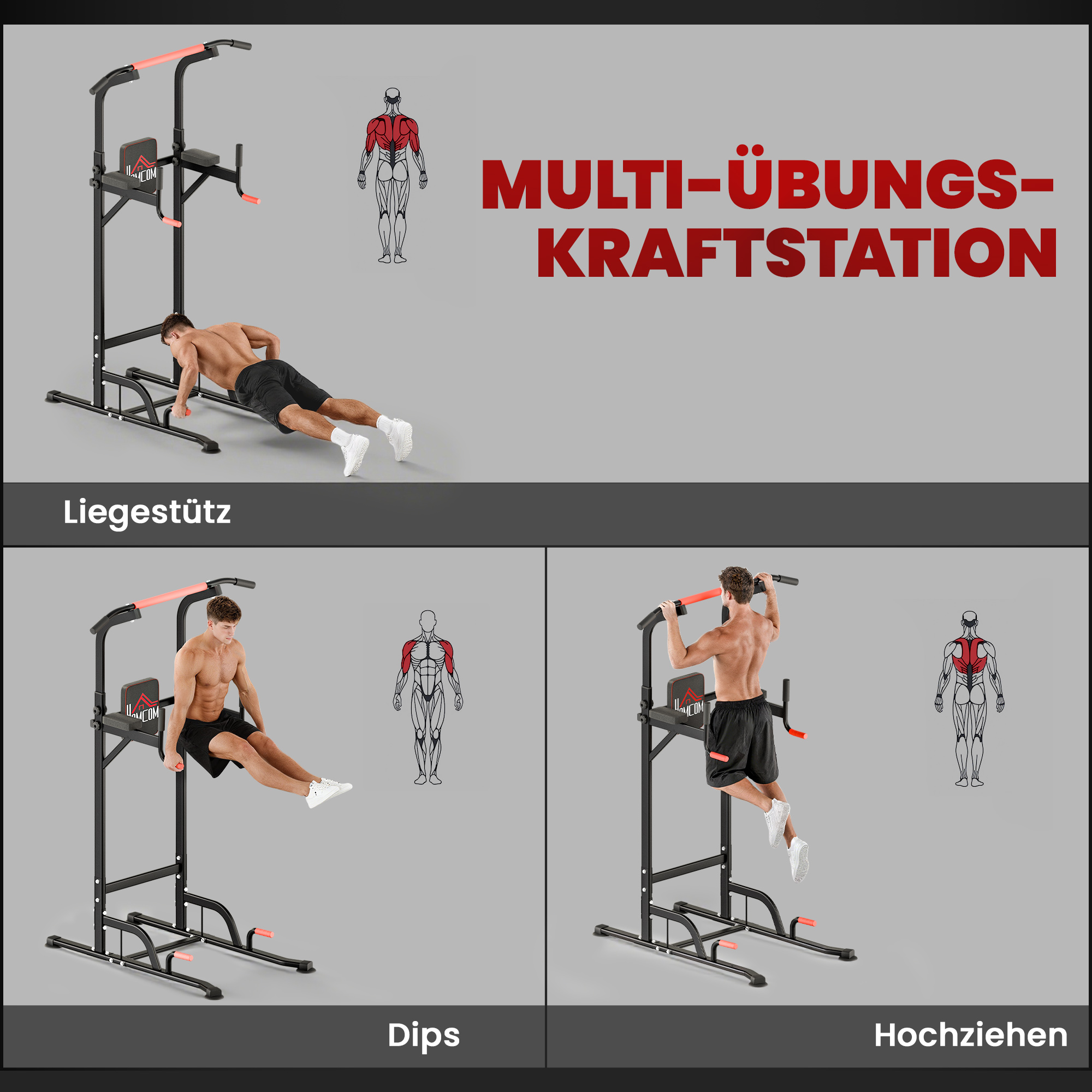 Power Tower höhenverstellbar Dip Station mit Klimmzugstange Saugnäpfe, Gepolstert Trainingsgerät für Zuhause