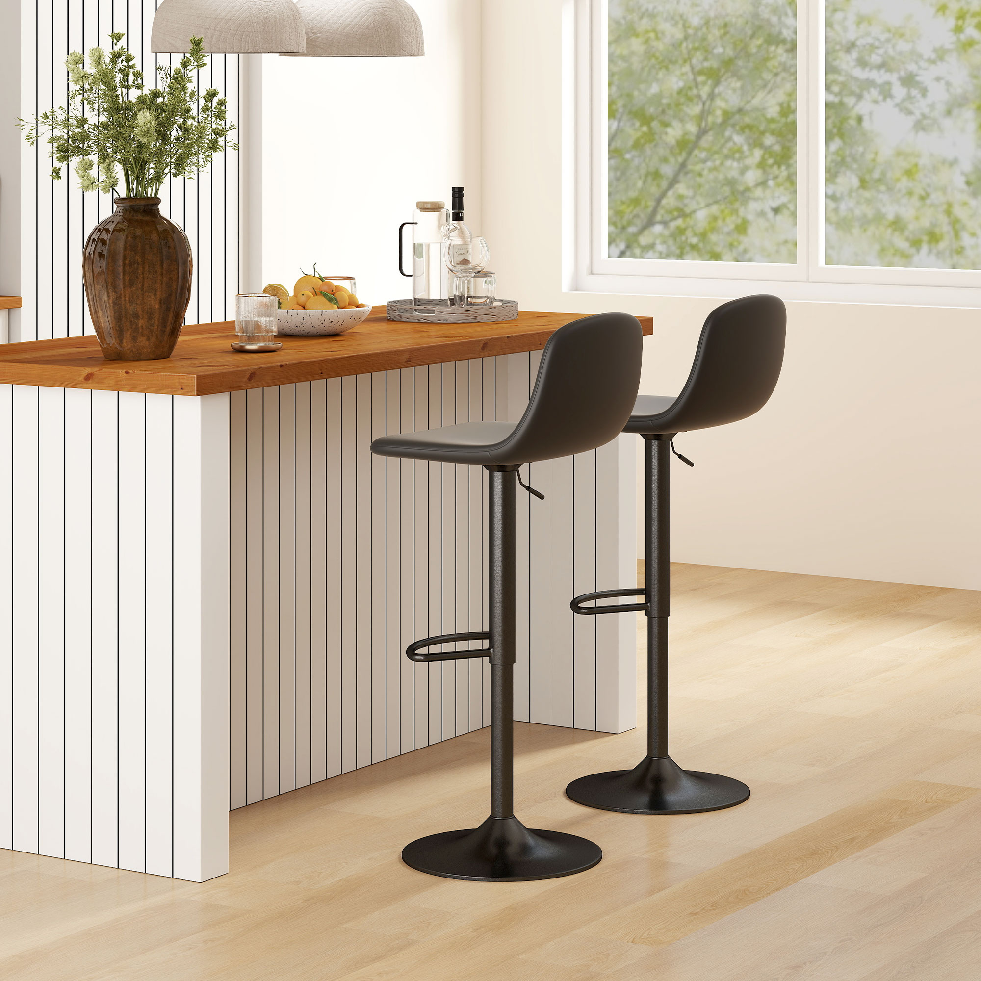 2er-Set Barhocker, Barstühle mit Kunstlederbezug, drehbar, mit Rückenlehne und Fußstütze, Metallbasis, Schwarz