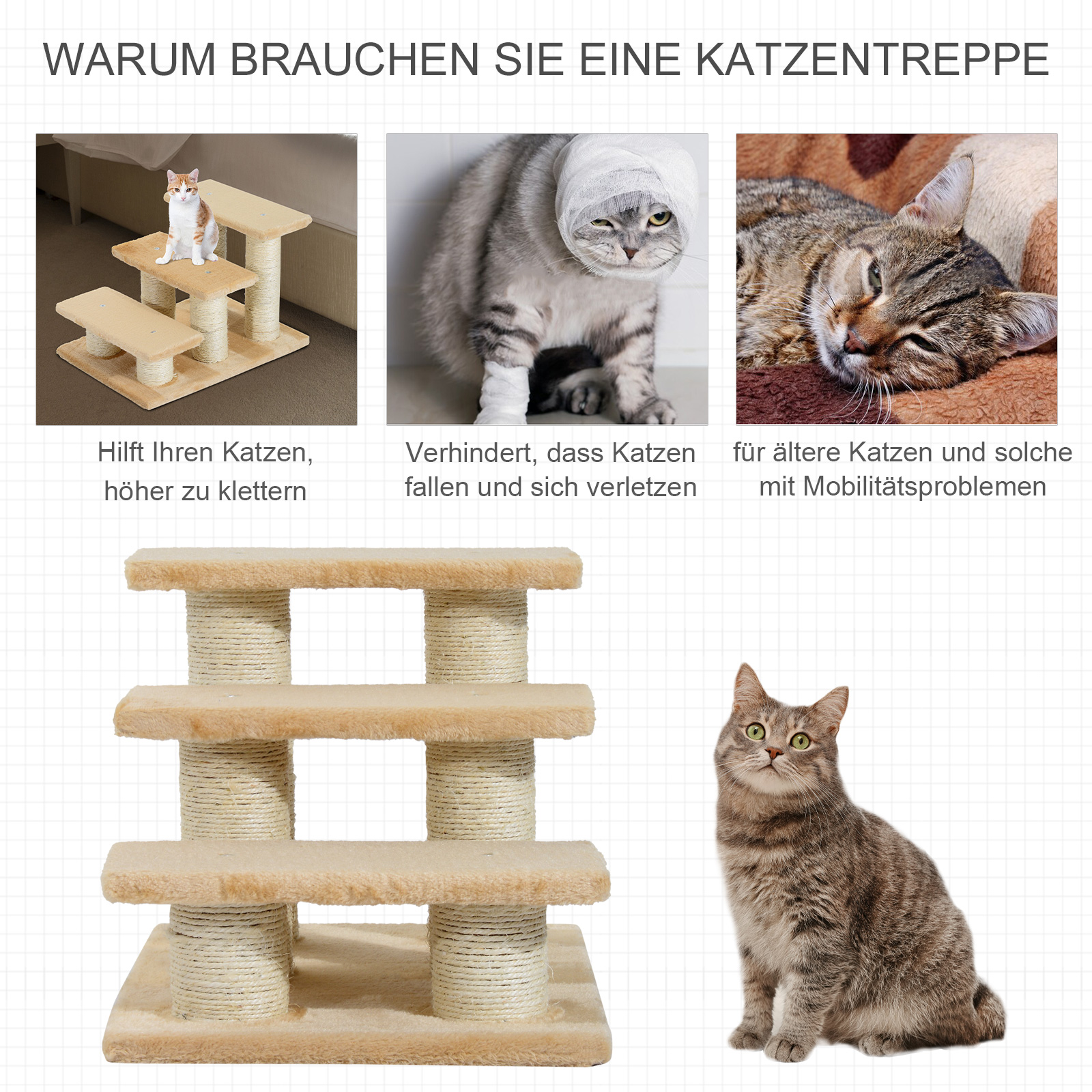 Tiertreppe Katzentreppe Hundetreppe 3 Stufen Treppe für Katze und Hunde Plüsch Creme 45 x 35 x 34 cm