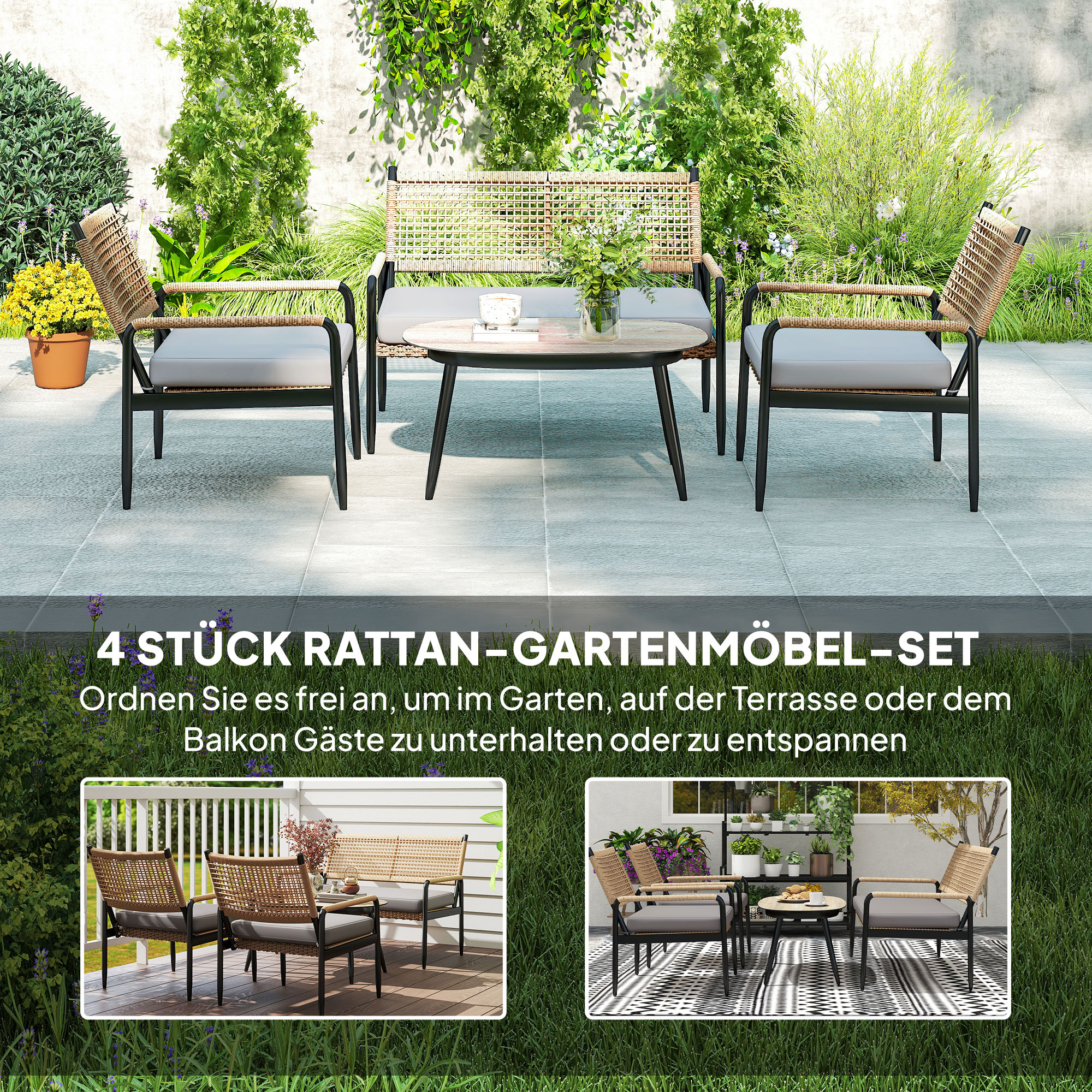 Gartenmöbel Set aus Polyrattan Lounge-Set mit 2er Sofa Sessel Glastisch Kissen für 4 Personen Dunkelgrau+Gelb