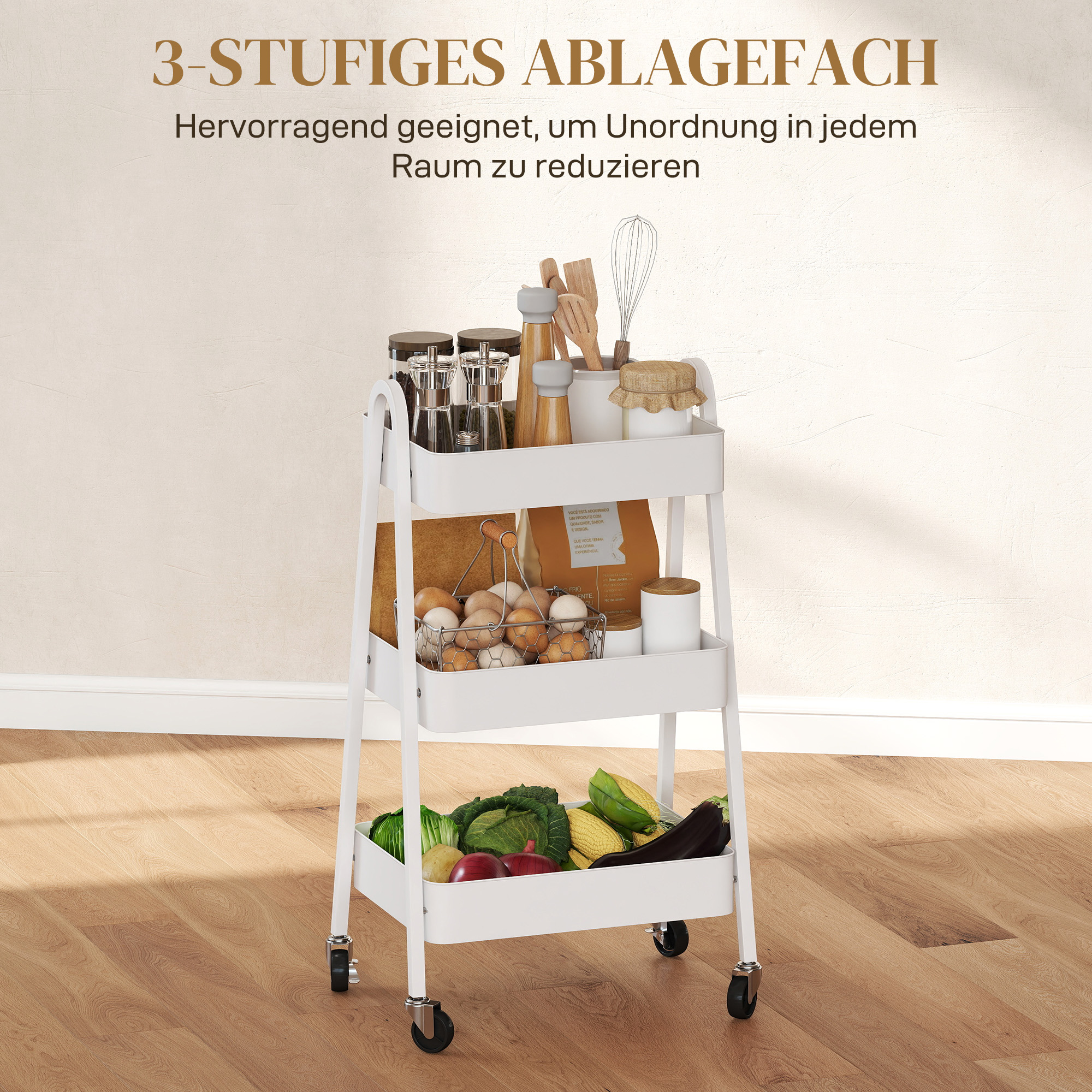 Servierwagen mit 3 Ebenen Küchenwagen mit Rollen Griff Rollwagen mit Bremse für Küche Büro Badezimmer, Weiß
