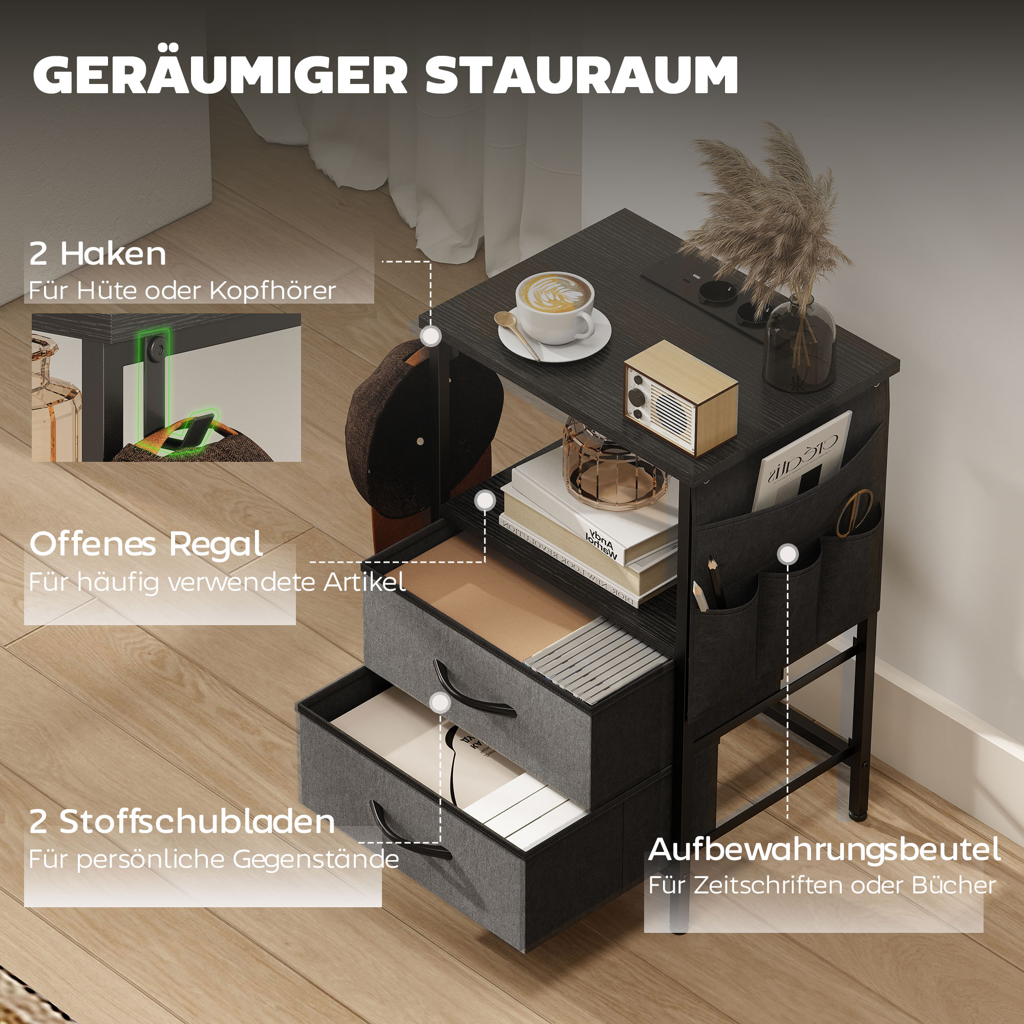 Couchtisch Beistelltisch mit Ladestation, Stahlrahmen, USB-C-Anschlüssen, Schubladen, Haken, 40cm x 30cm x 60cm Schwarz