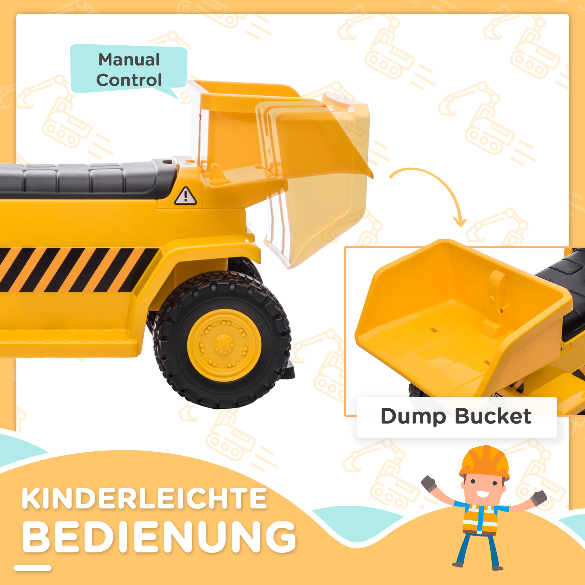 Elektro-Kipplaster für Kinder, kippbare Ladefläche, max, 3 km/h, Scheinwerfer, Hupe, gelb, 74,5 x 36 x 43,5 cm