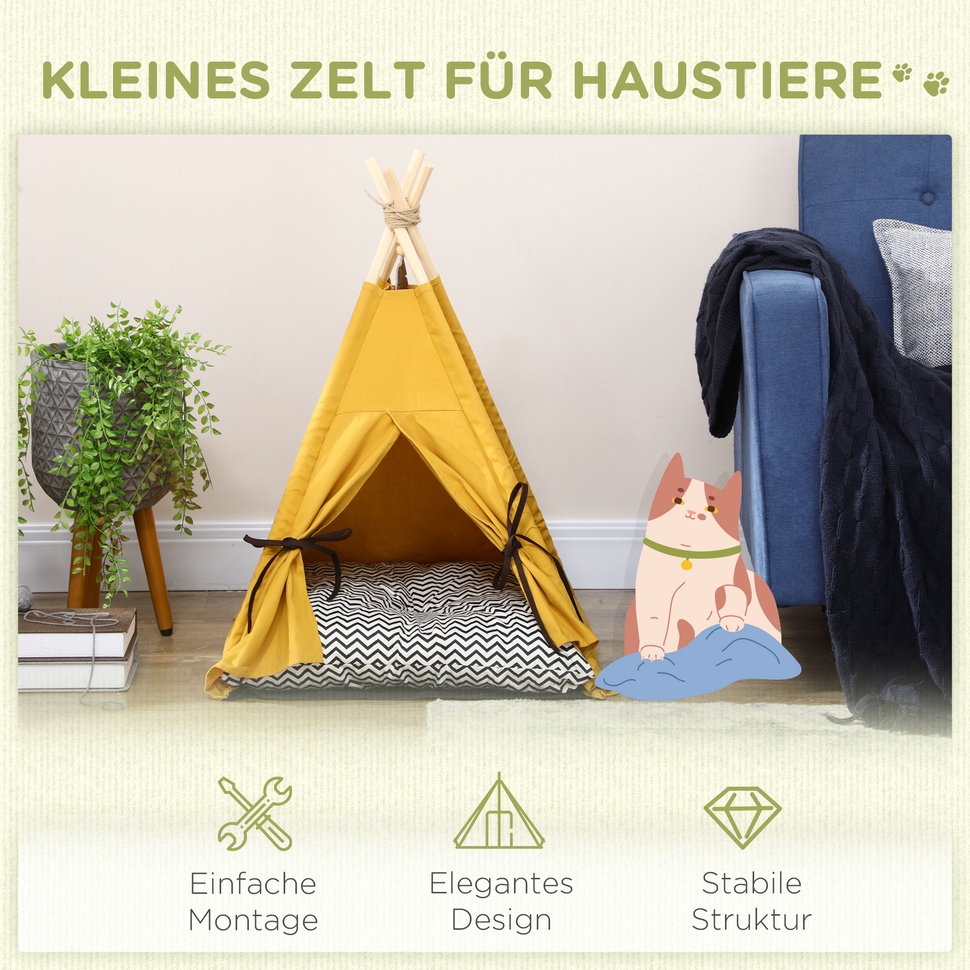 Tierbett, drolliges Tipi-Design, mit weichem Liegekissen, Bodenmatte, für Hunde und Katzen, 60 x 60 x 76 cm