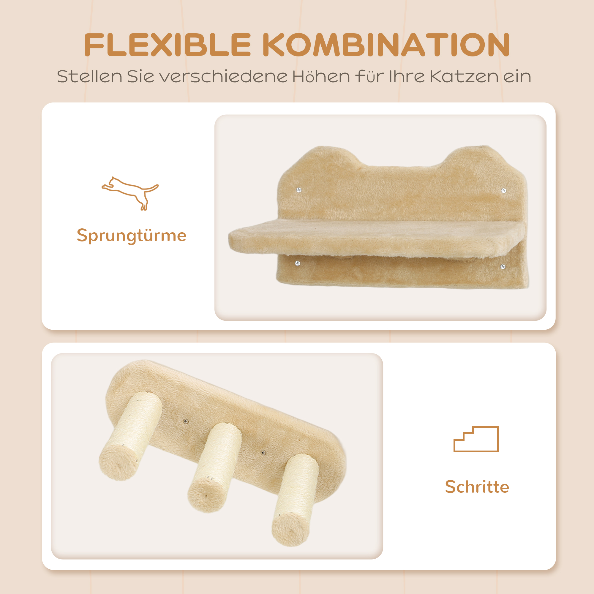 Katzentreppen-Set, Wand- und Deckenmontage, für Katzen bis 5 kg, Beige