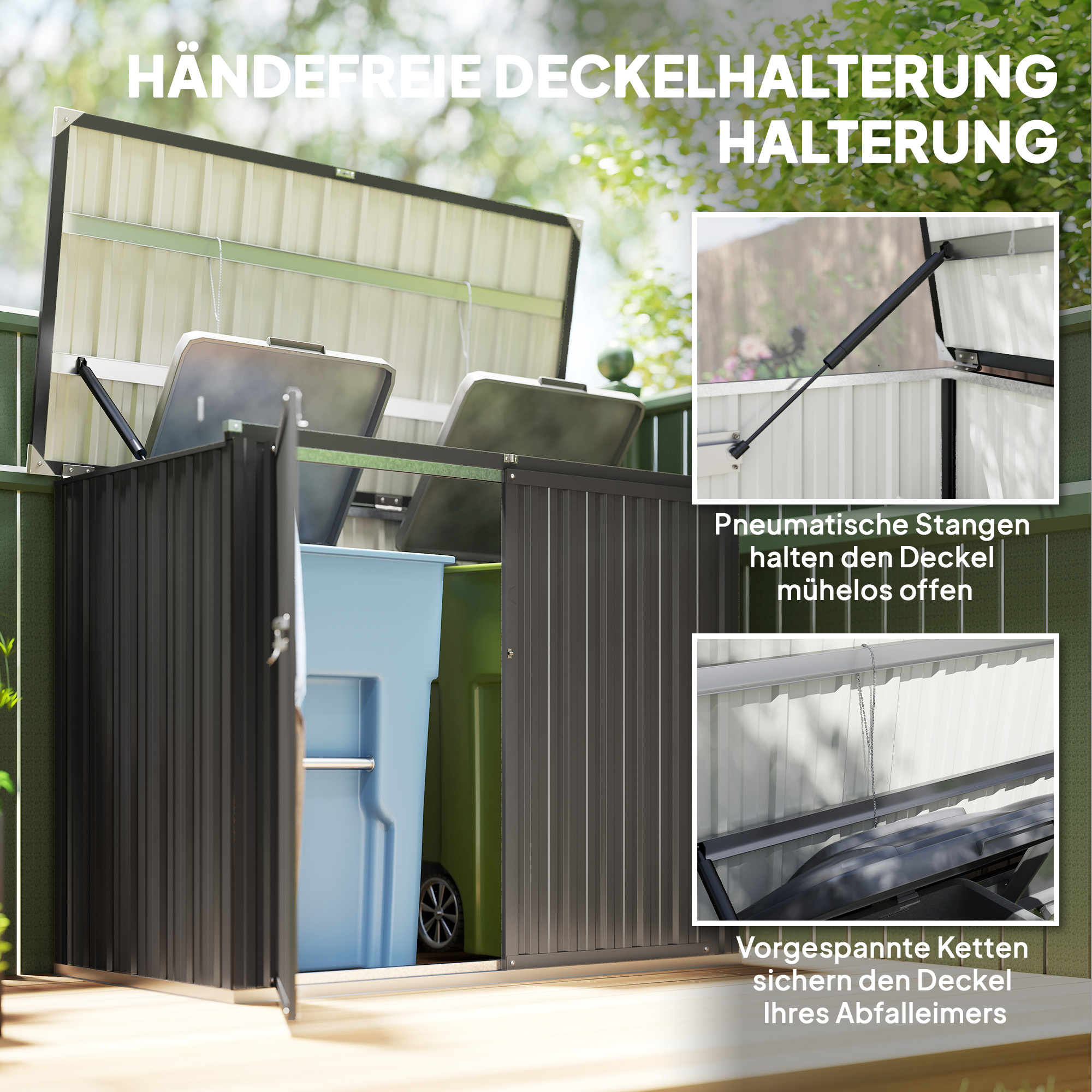 Mülltonnenbox für 2 Tonnen Abschließbar Mülltonnenverkleidung mit aufklappbarem Deckel Dunkelgrau