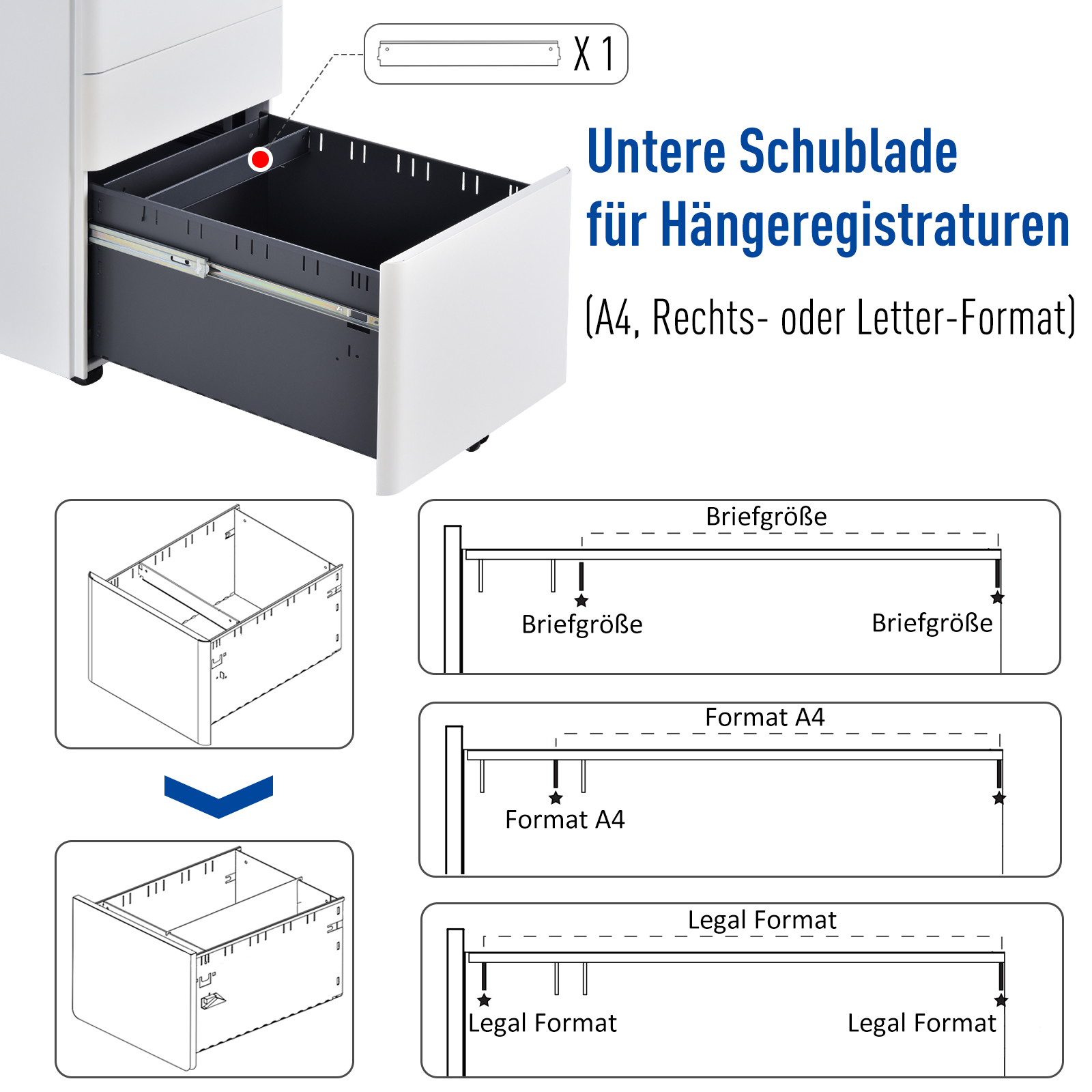 Rollcontainer, mobiler Aktenschrank mit 3 Schubladen, abschließbarer Büroschrank mit Hängeregistratur, Aufbewahrung, Stahl, 39 x 48 x 59 cm Weiß