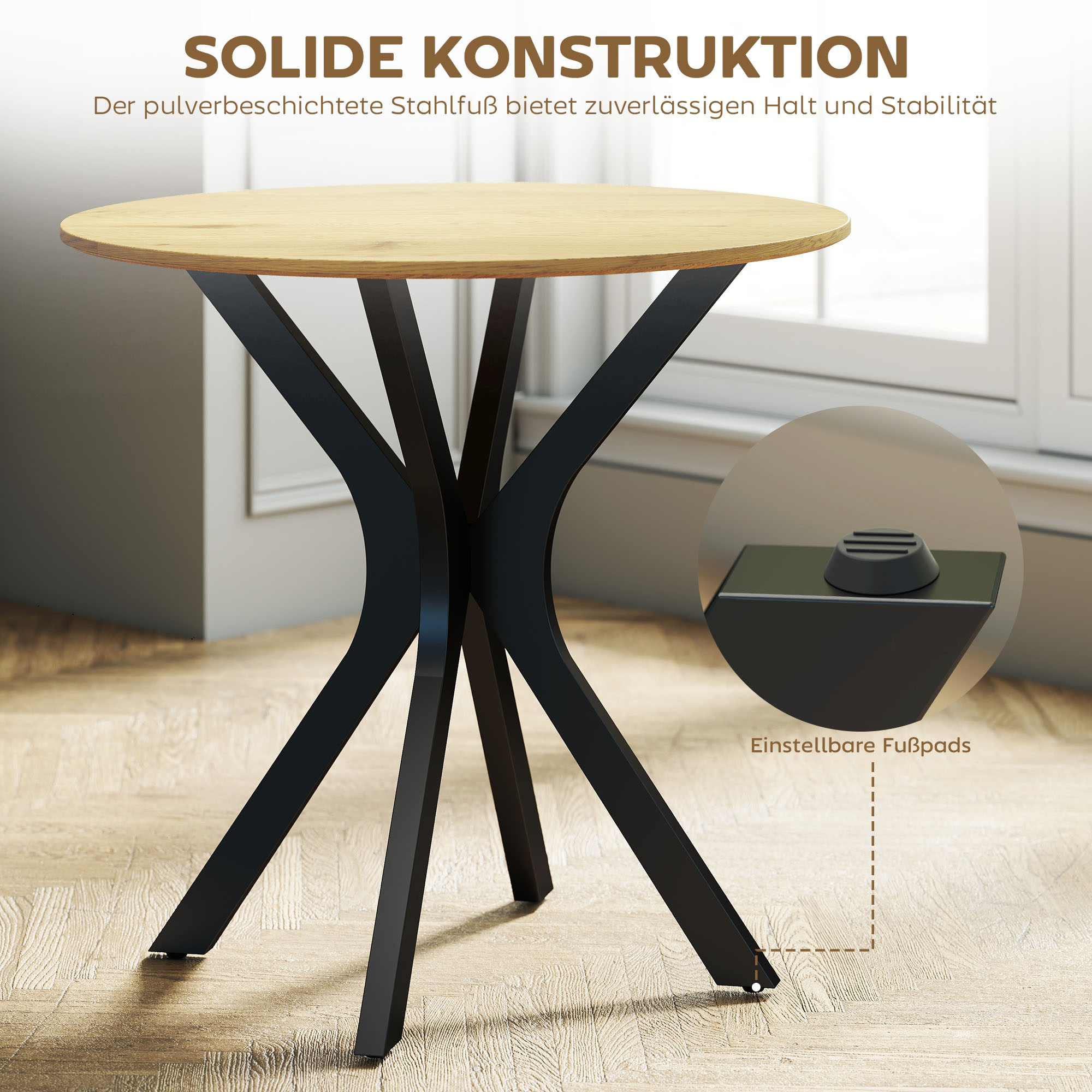 Esstisch Küchentisch Runder Tisch, Modernes Design, 78 cm x 78 cm x 75 cm, Naturholz