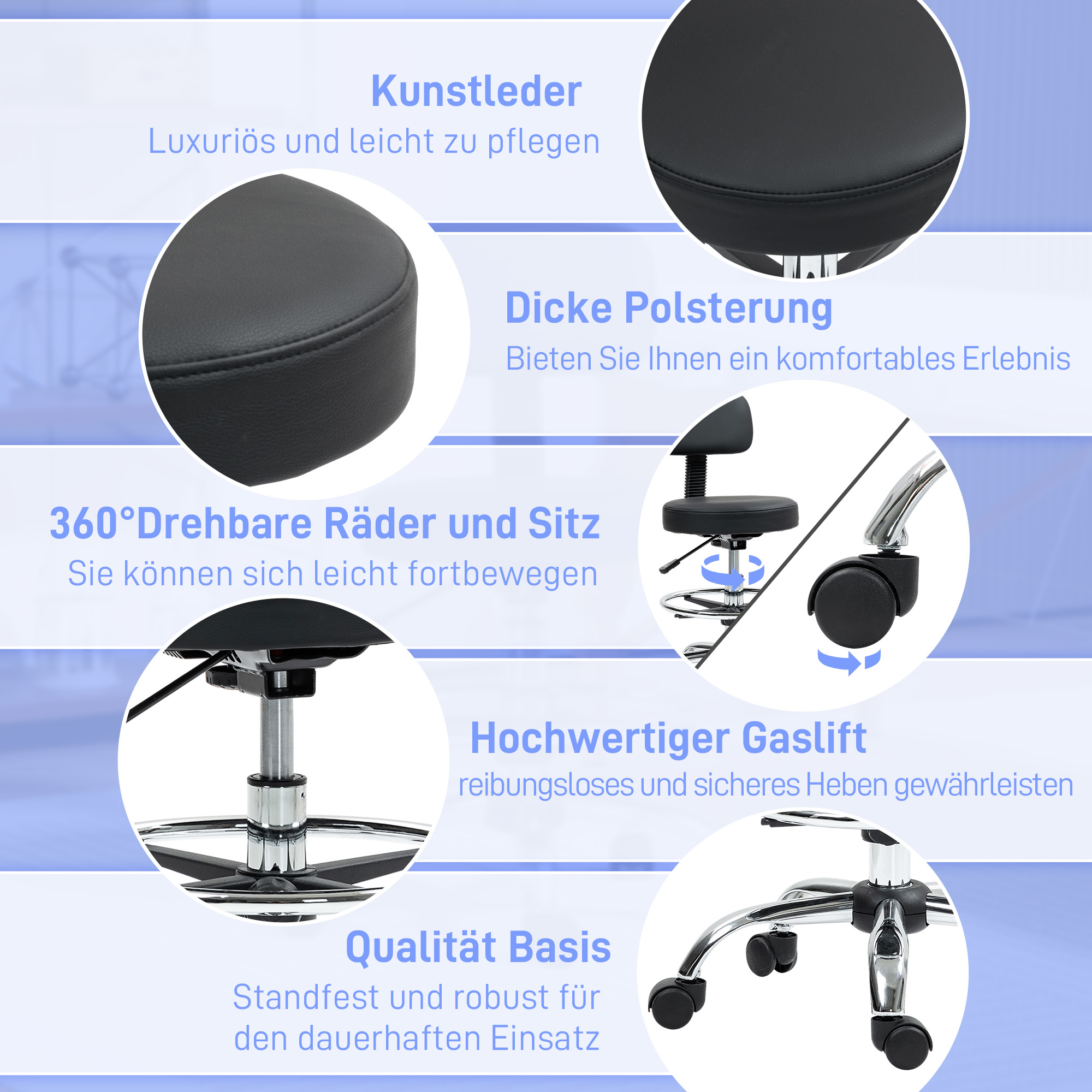 Bürostuhl, Kompakter Drehstuhl, höhenverstellbar, mit Fußstütze, 360° drehbar, Kunstleder, Metall, Schwarz