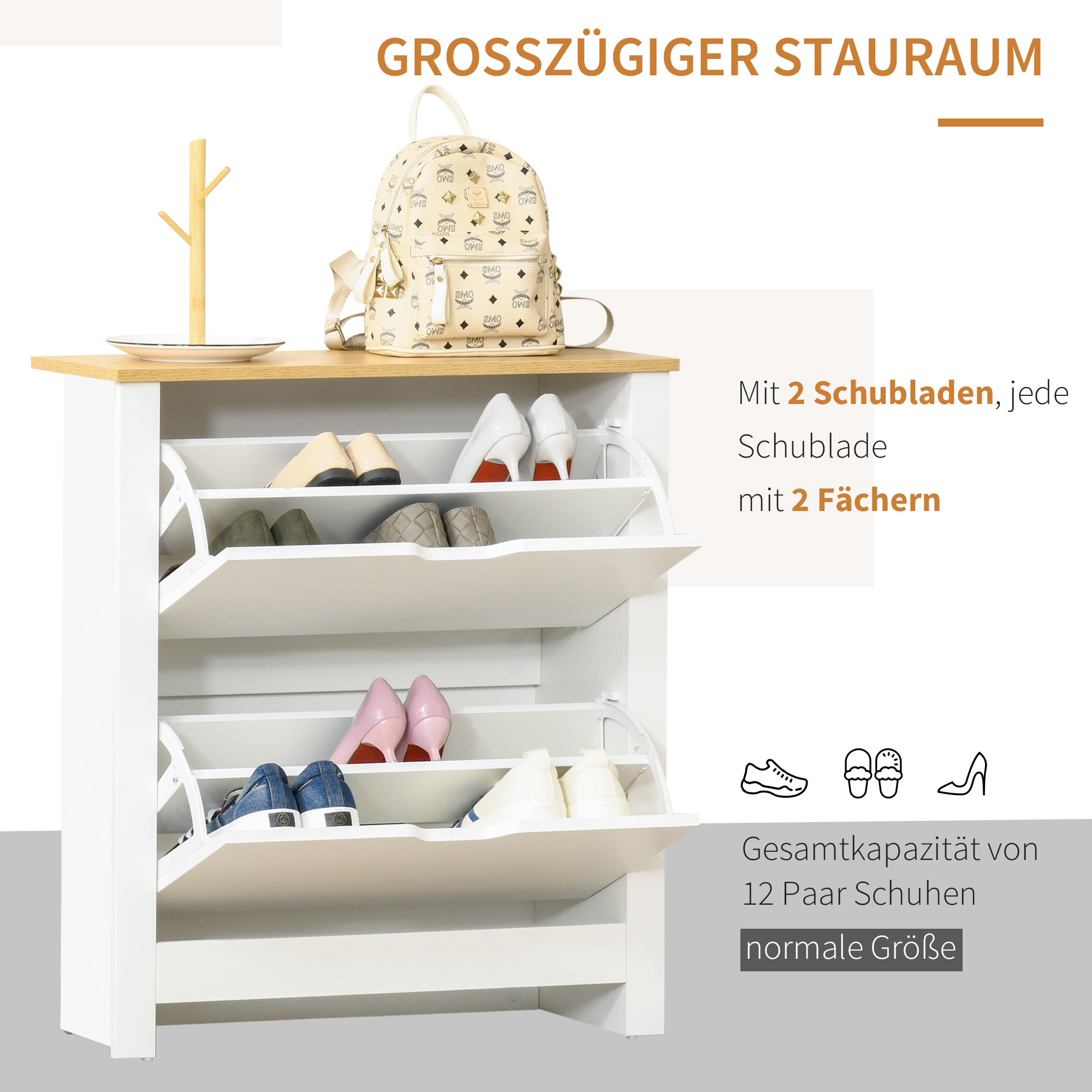 Schuhschrank Schruhregal Schuhaufbewahrung, 2 Fächer, 12 Paar Schuhe,  72 cm x 26 cm x 80 cm, Weiß + Braun