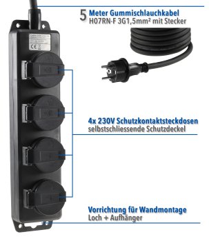 Gartensteckdosenleiste für Außen, 4-fach, IP44, H07RN-F 3G1,5mm², Zuleitung 5m