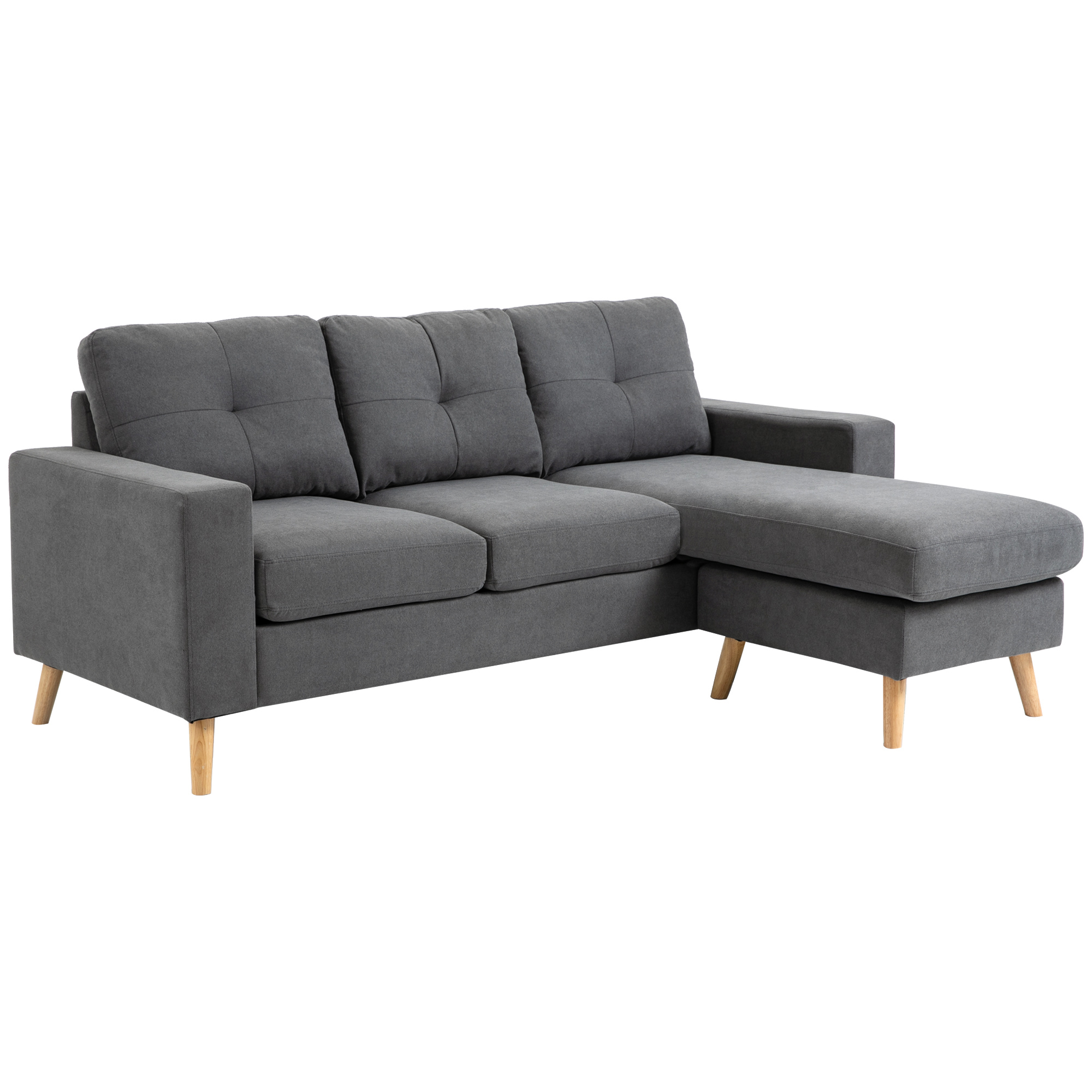 Ecksofa im Skandidesign, mit Knopfheftung, Massivholz, Leinenoptik, Grau