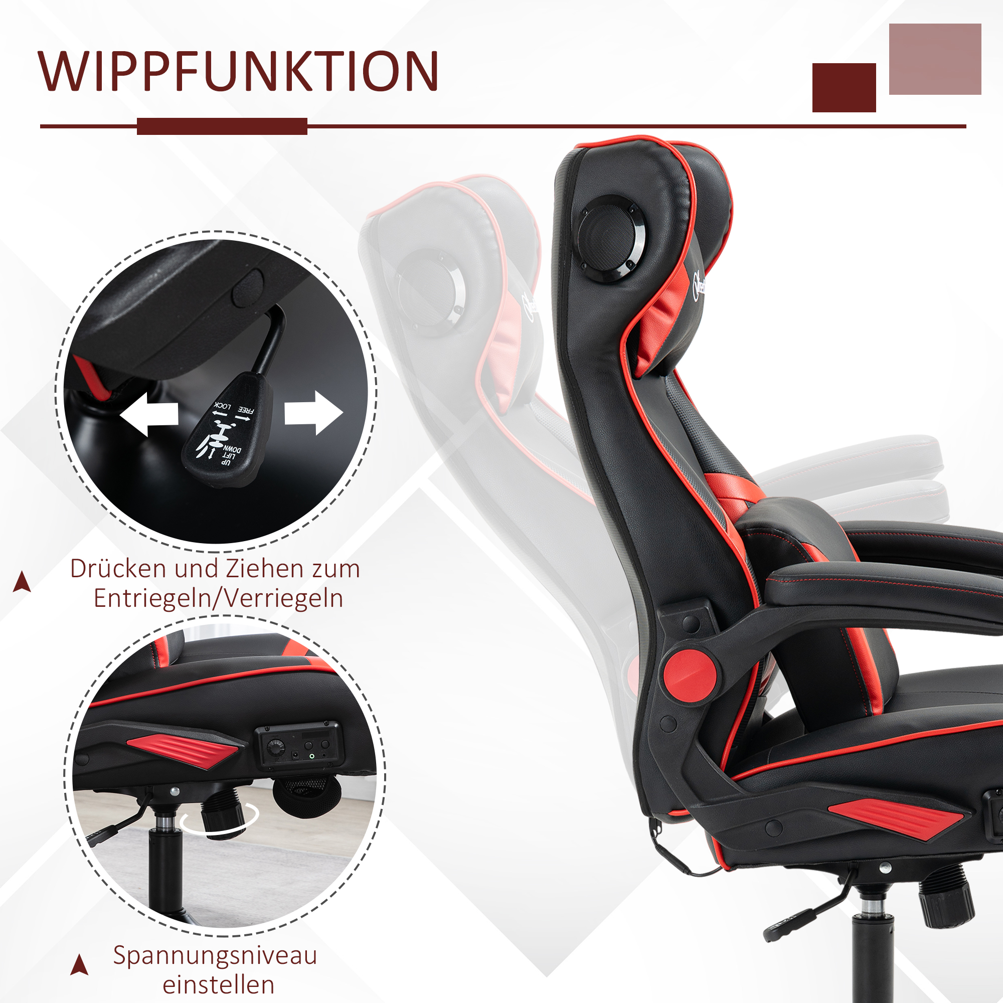 Gamingsessel, Gamingstuhl, integrierte Lautsprecher, neigbare Rücklehne, schwarz+rot, 69 x 73 x 118cm