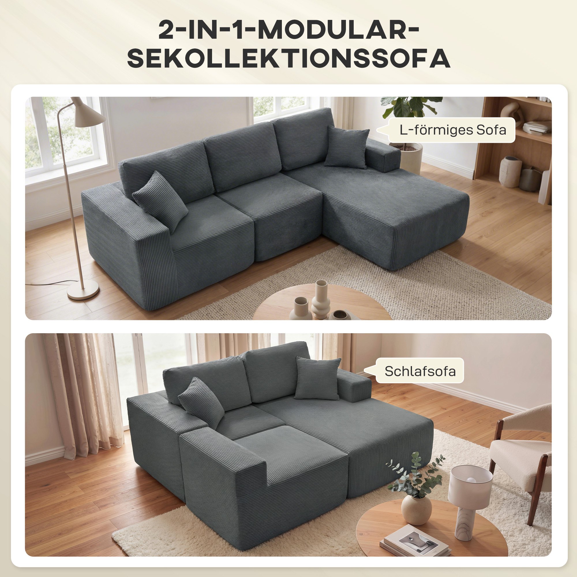 Modulares Ecksofa, L-förmiges Sofa-Bett mit tiefem Sitz, breiten Armlehnen, 2 Kissen, Dunkelgrau