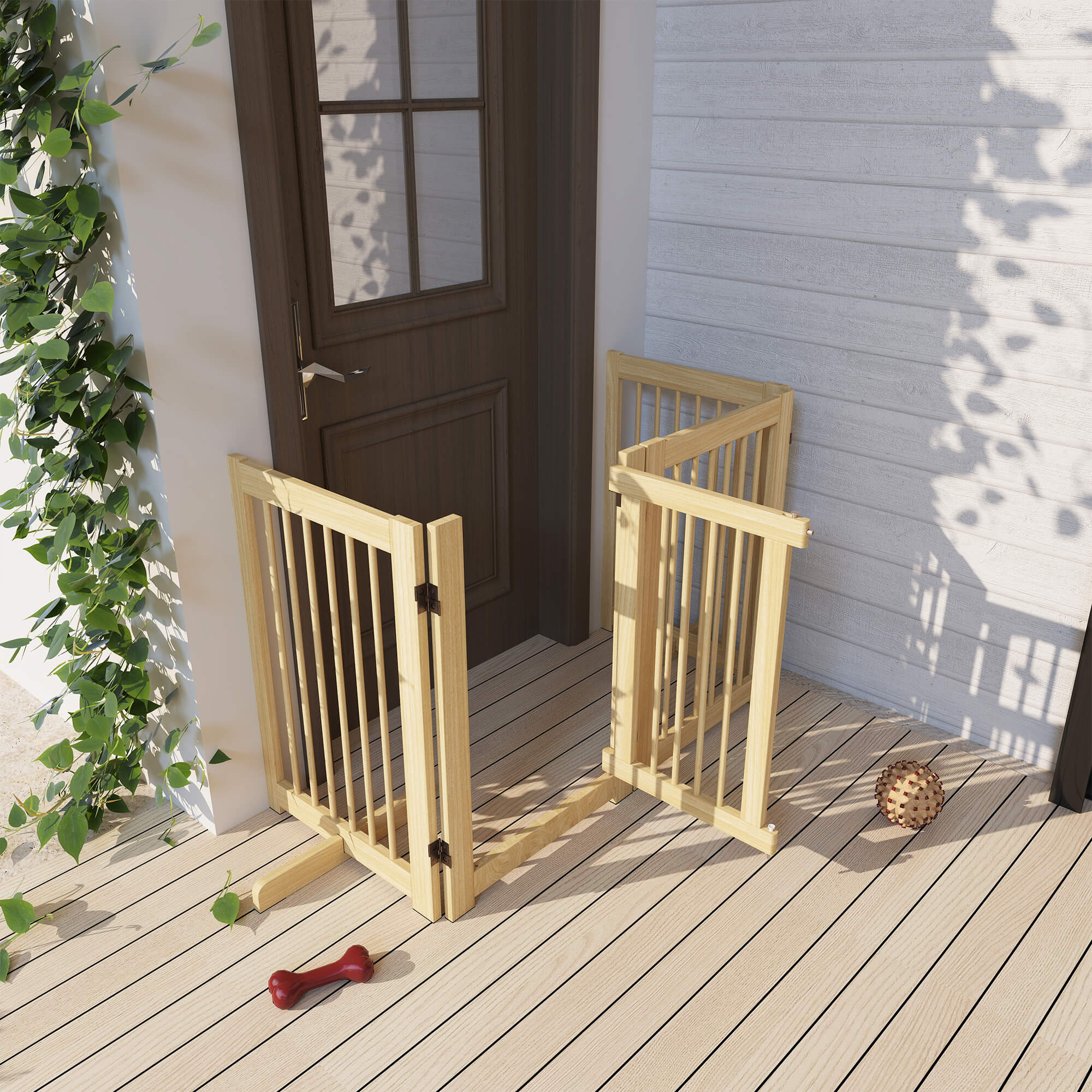 Freistehendes Hundegitter, 4 Paneele, flexibel, Kiefernholz, 204L x 36B x 75H cm, Naturholz