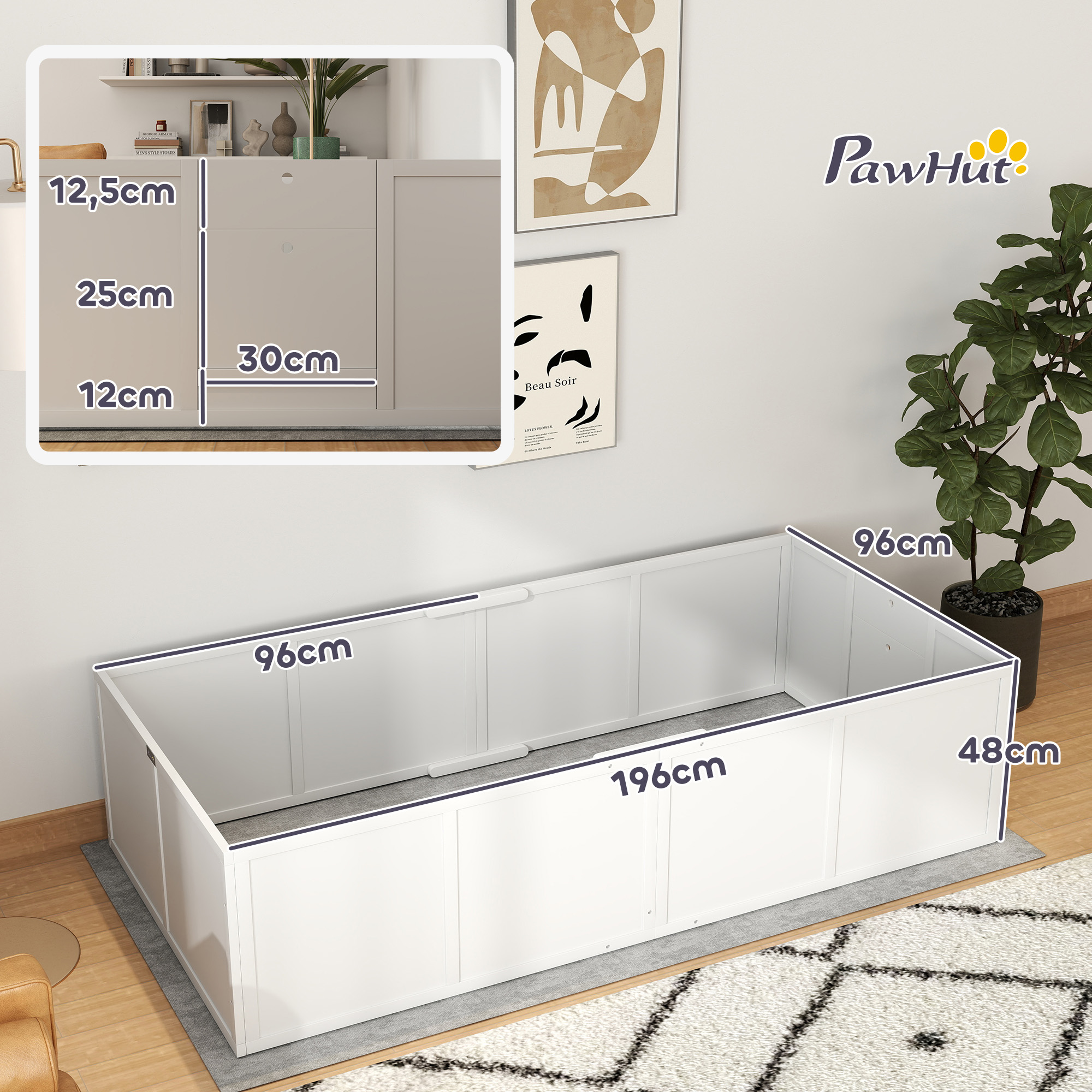 Hunde-Wurfbox für Hunde und Welpen, mit verstellbaren Eingängen, für große und kleine Hunde, 196 x 96 x 48 cm, Weiß