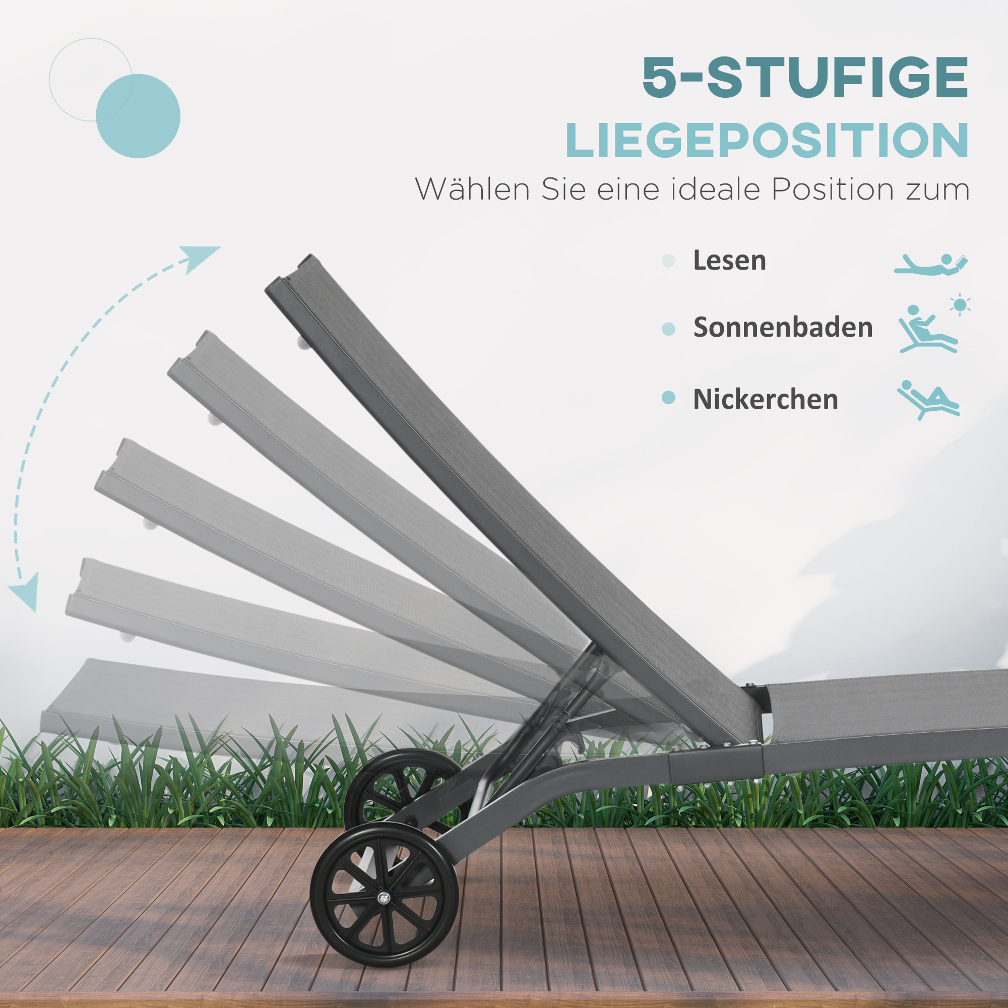 Sonnenliege, 5-stufig verstellbare Rücklehne, atmungsaktiver Stoff, Aluminiumrahmen, blau, 195 x 66 x 34 cm