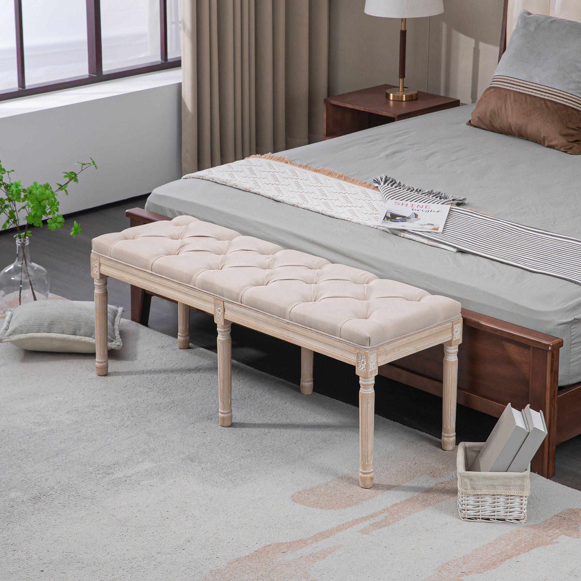 Sitzbank Vintagedesign Vintagebank, Knopfheftung, gedrechselte Beine, Shabby Chic, Creme + Weiß