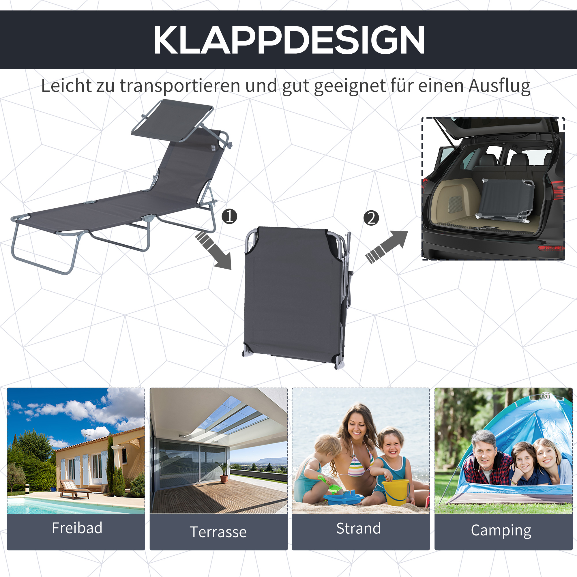 Sonnenliege klappbar Gartenliege mit Sonnenschutz Wellnessliege mit 4-Fach verstellbare Rückenlehne Strandliege bis 120kg belastbar für Garten, Balkon und Pool geeignet, 6 Farben(Grau )