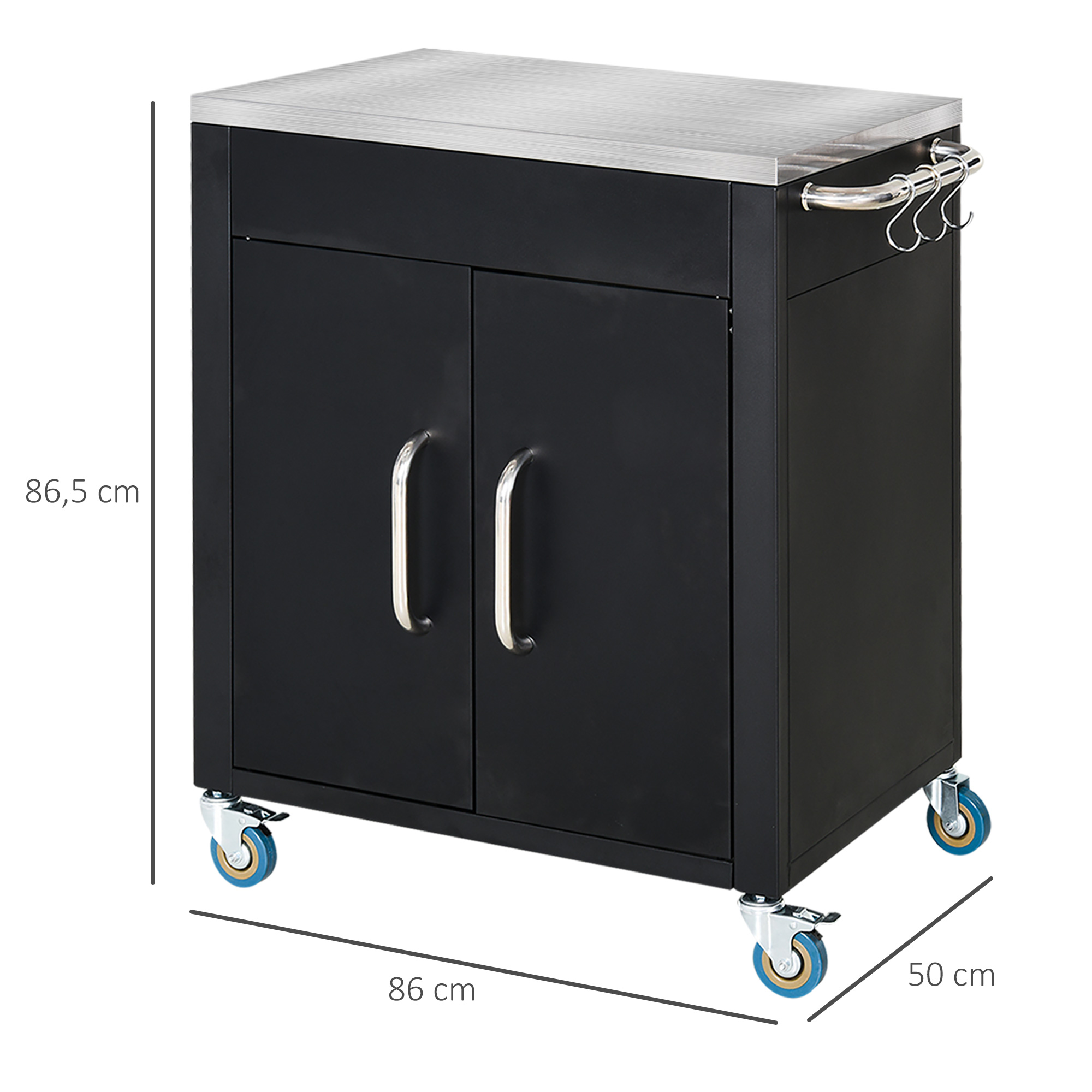 Küchenwagen mit Rollen, Servierwagen, Rollwagen mit Schrank, Haken und Edelstahlgriffe, Küchenhilfe, BBQ Grilltisch aus Edelstahl Küchentrolley, 86 x 50 x 86,5 cm Schwarz