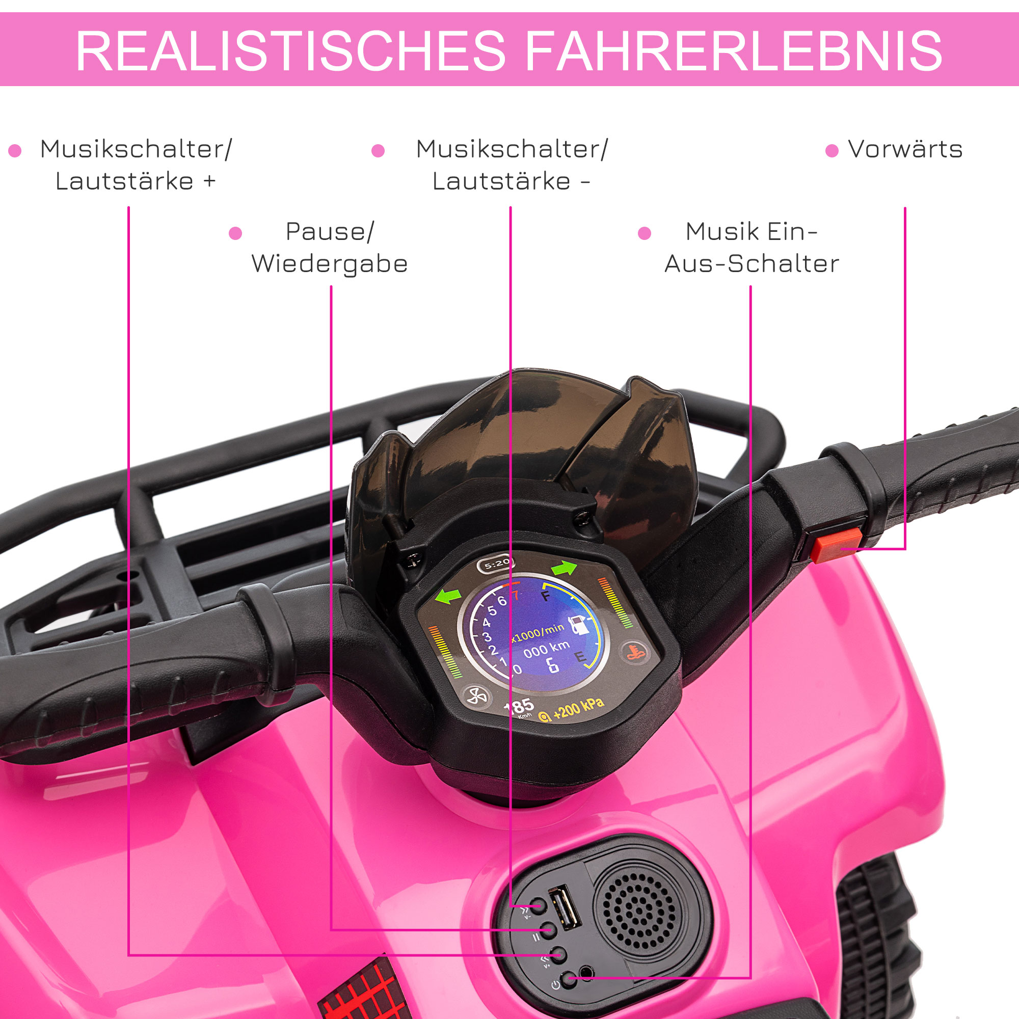 Kinderquad 6V Kinderquad mit Vorwärtsfunktion, Musik, Elektro-Quad für Kinder 1,5-3 Jahre Rosa