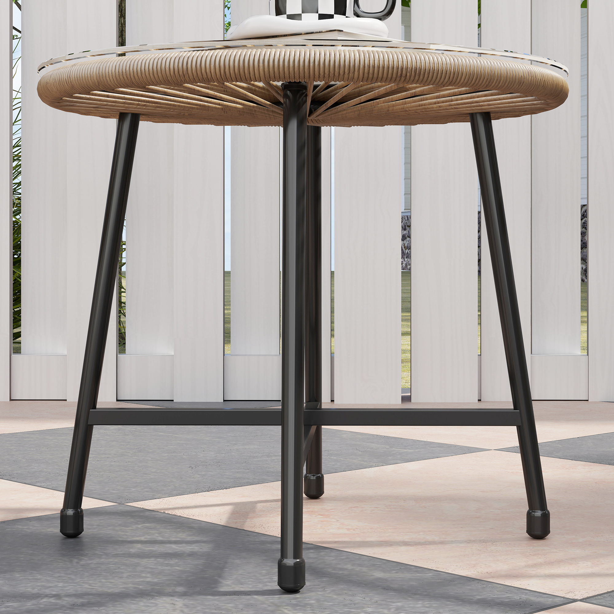 3-teiliges Gartenmöbel-Set, 2 Kunststoffrattan-Stühle, 1 Tisch mit Glasplatte, Stahlrahmen, Outdoor-Sitzmöbel, Hellbraun