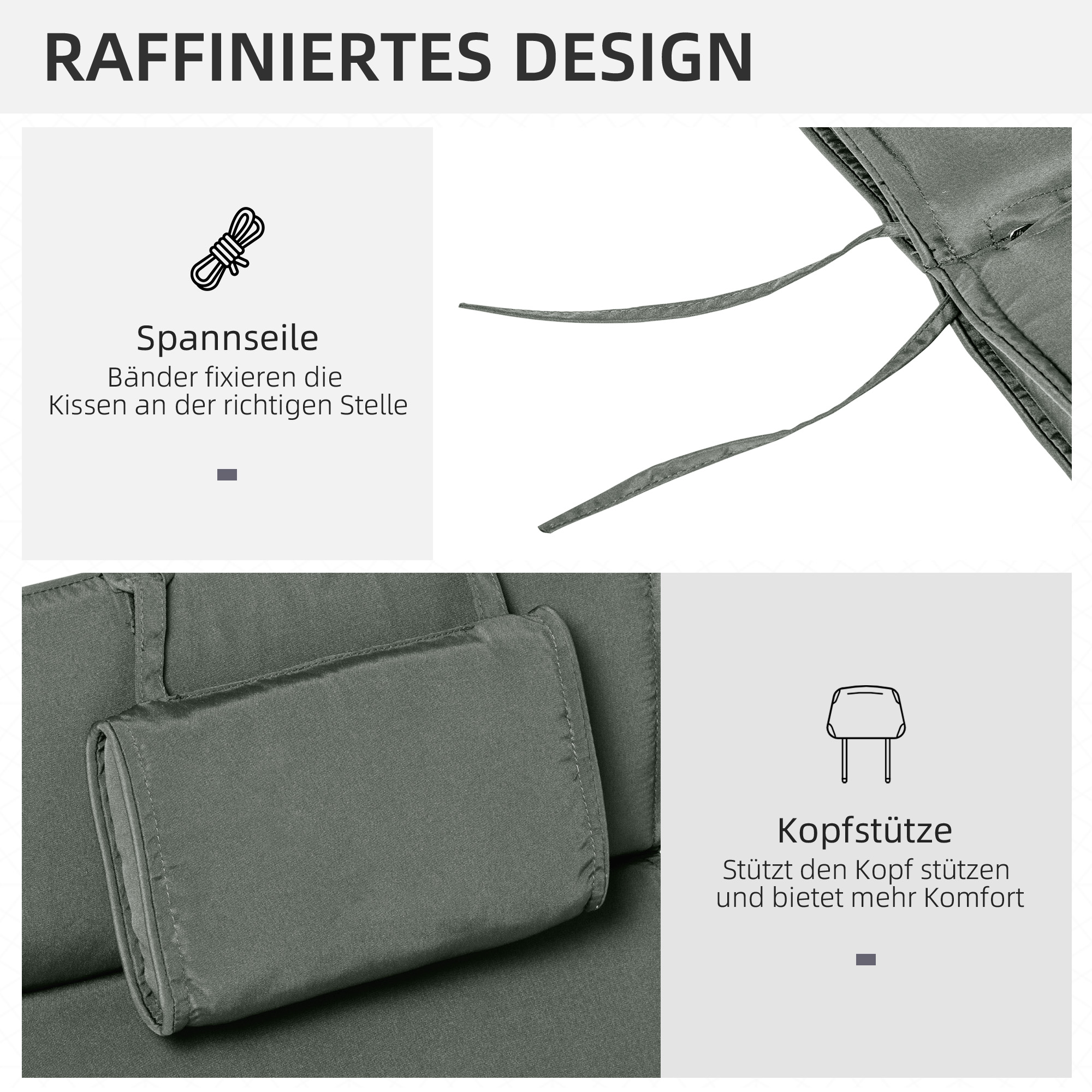 Liegenauflage Liegenpolster Gartenliege mit Kopfkissen abnehmbar Bezug Grau 198 x 53 x 5 cm NUR Kissen