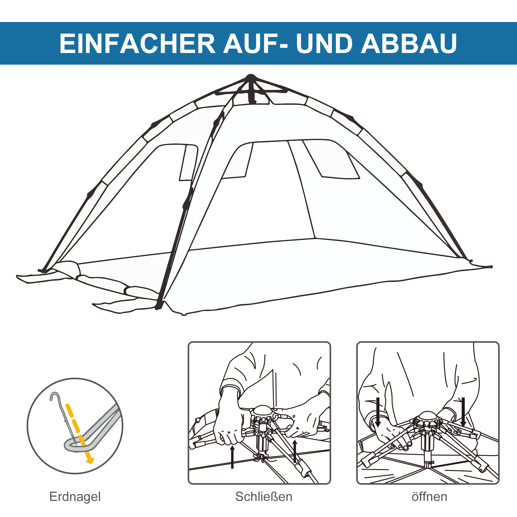 Pop-up-Strandzelt, Fiberglasrahmen, 4 Taschen, Netzfenster, flexibel, Blau
