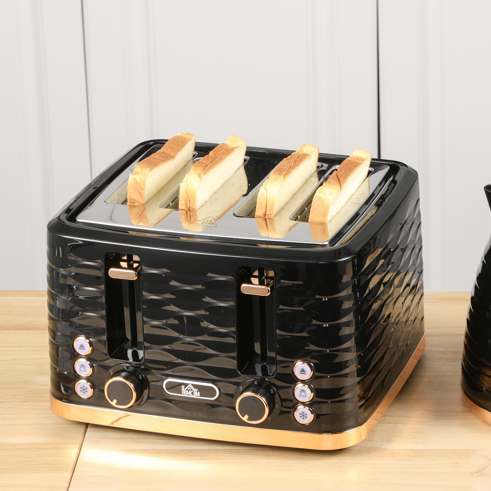 4-Scheiben-Toaster, wellenförmiges Design, mehrere Funktionen, Krümelfach, Schwarz