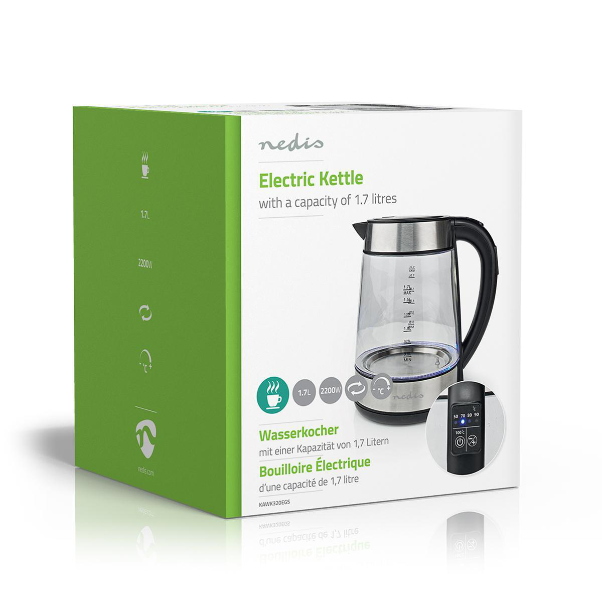 Wasserkocher | 1.7 l | Glas | Transparent | 60,70,80,90,100 °C | Temperaturanzeige | Um 360 Grad drehbar | Verdecktes Heizelement | Strix Controller | Boil-dry protection