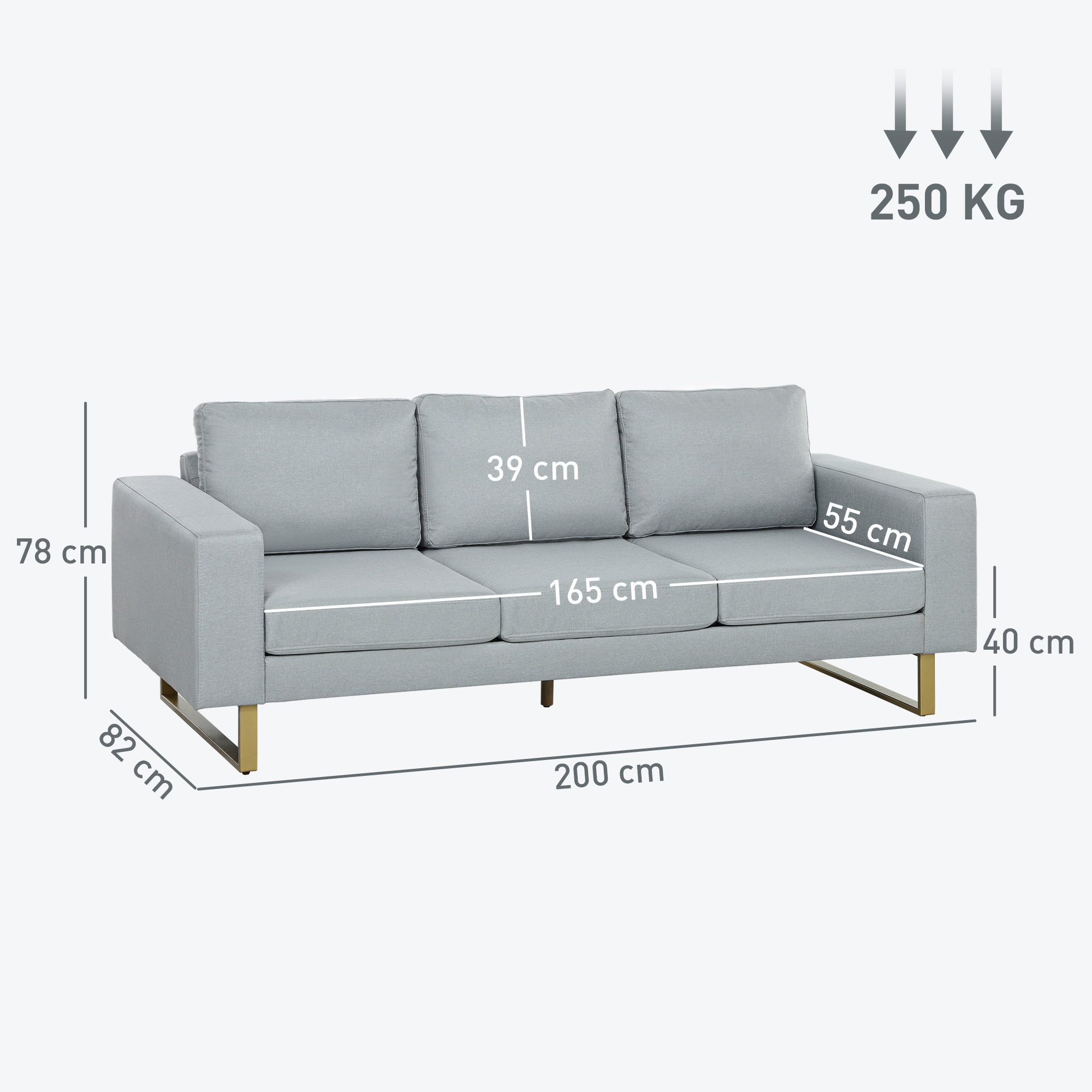 3-Sitzer-Sofa, Couch mit Vollholzrahmen, Metallbeine, schlichtes Design, Hellgrau