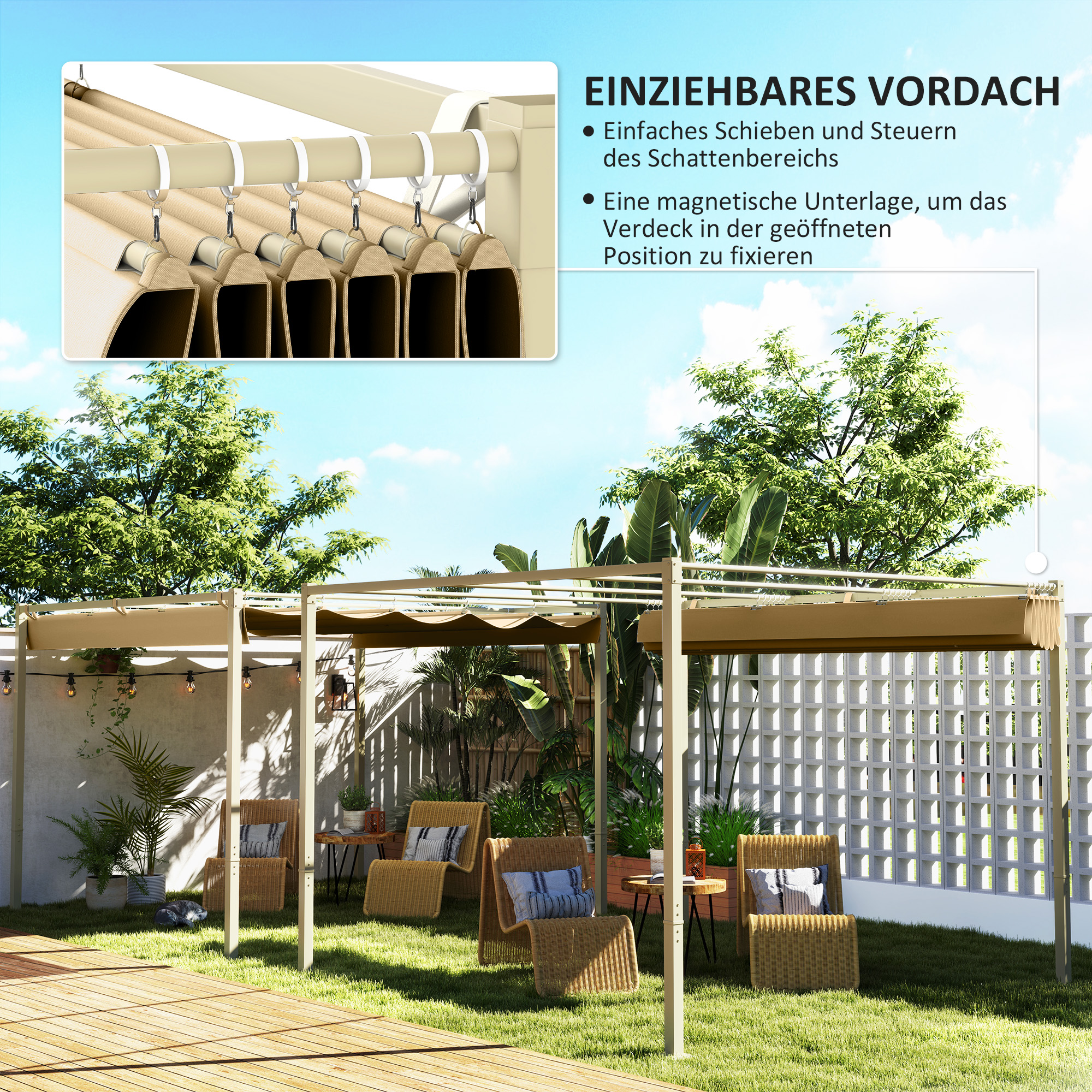 3 x 3 m Garten-Pergola mit einziehbarem Dach, Pavillon, Baldachin für Schatten, UPF30+, Khaki