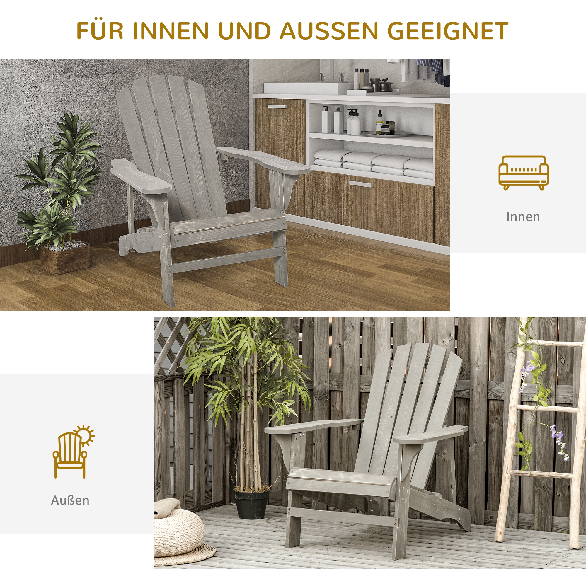 Adirondack Stuhl wetterfest Adirondack Chair aus Holz Outdoor Gartenstuhl mit Hoher Rückenlehne Armlehnen