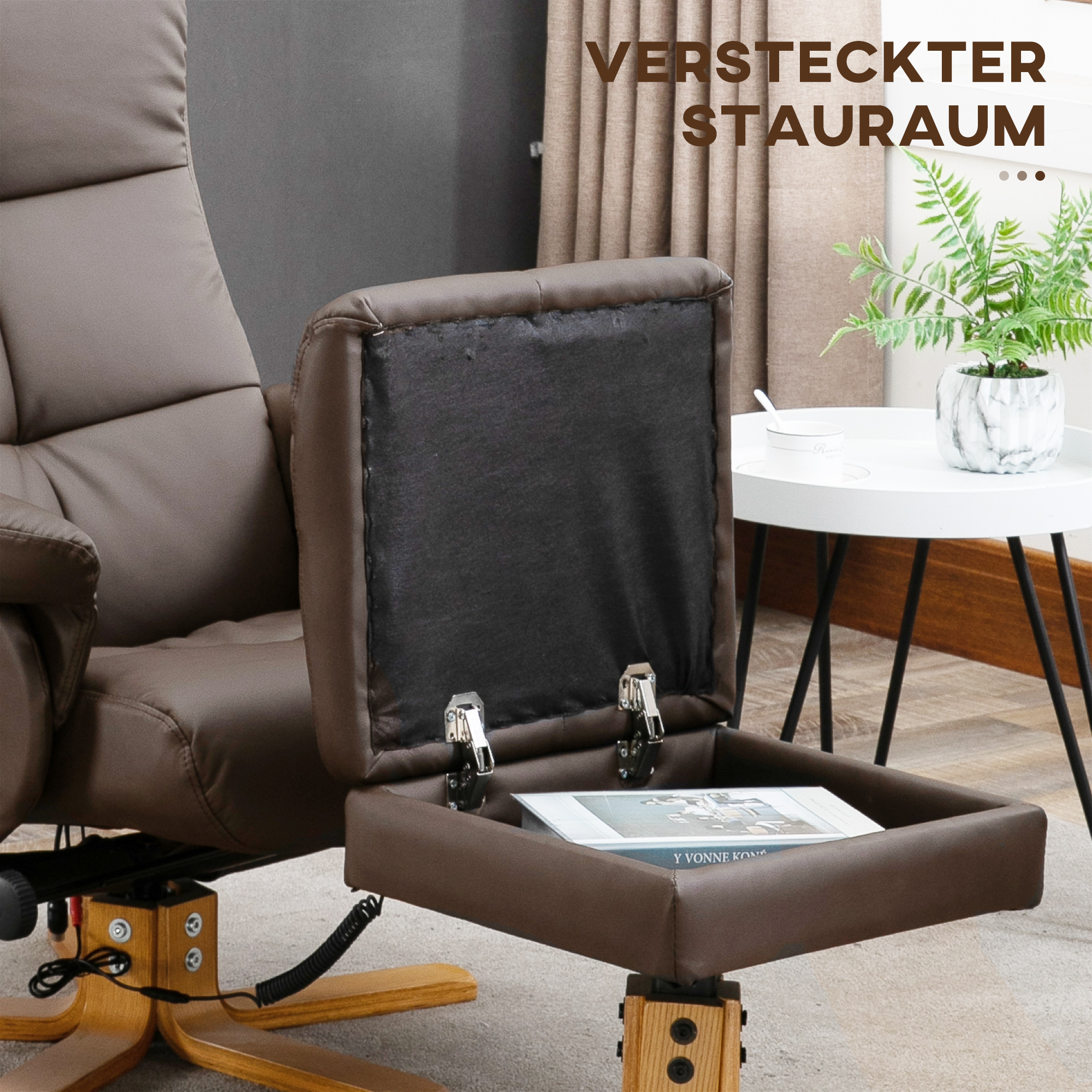 Relaxsessel mit Liegefunktion Massagesessel mit Fußhocker Fernsehsessel TV Sessel 145°-Neigung Liegesessel Ergonomischer Stuhl mit 10 Vibrationpunkte Kunstleder Braun 80 x 86 x 99 cm