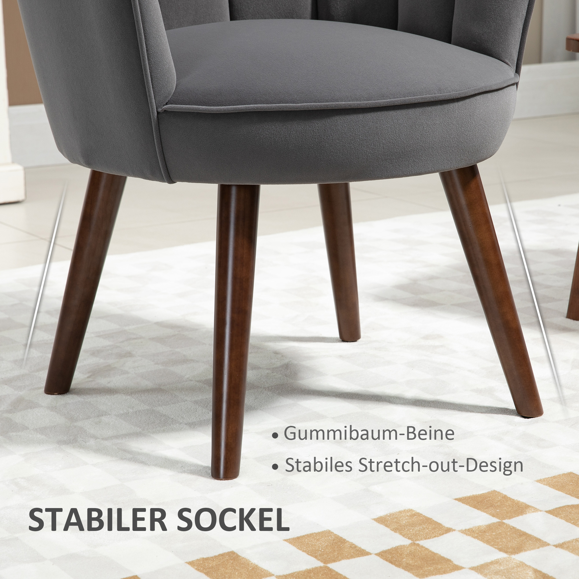 Sessel Wohnzimmer Loungesessel in Muschelform Relaxsessel mit Holzbeine, Polstersessel Lesesessel mit Samtoptik, Polsterstuhl für Schlafzimmer Dunkelgrau