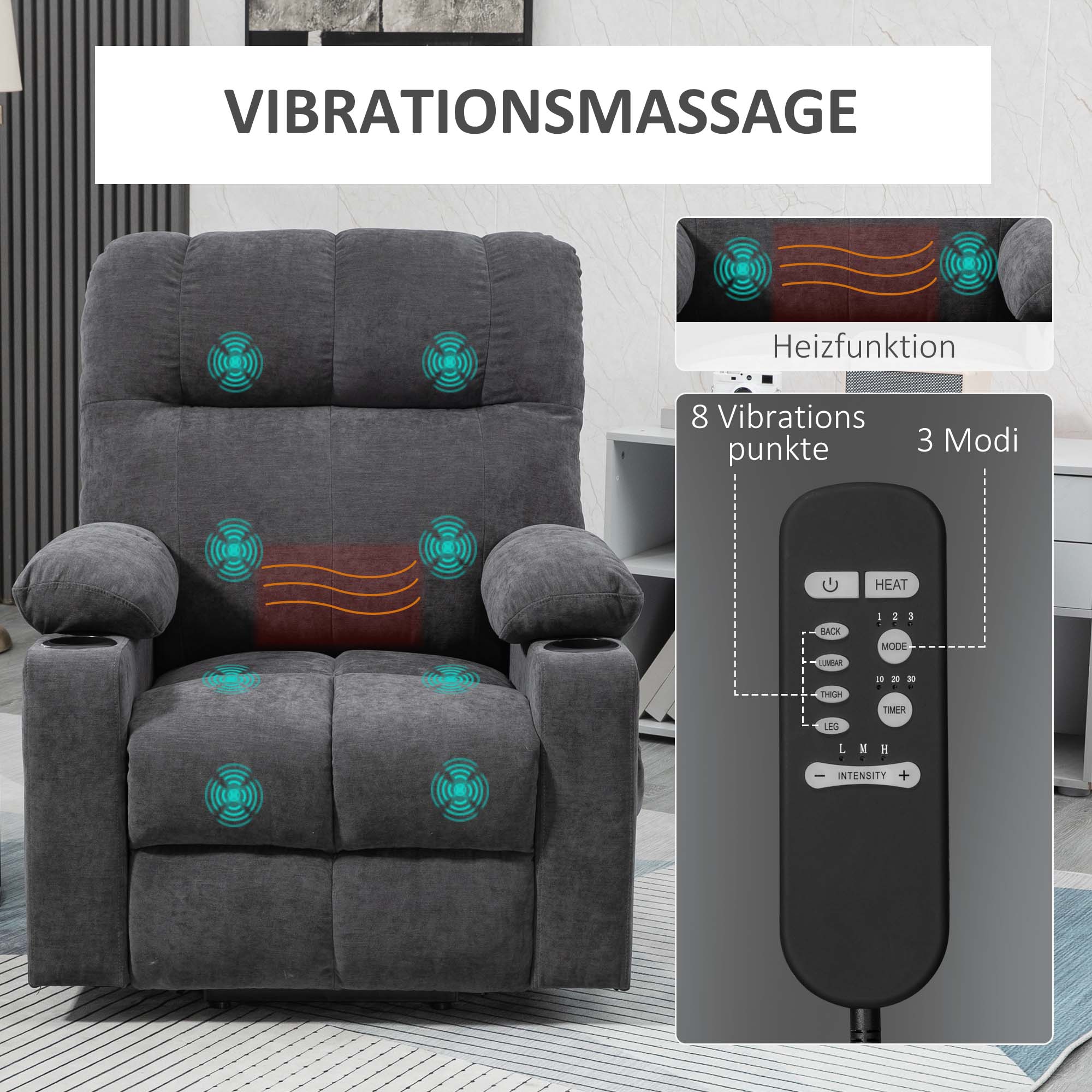 Aufstehhilfe Seniorensessel, Liegefunktion, inkl, Fernbedienung, 144 cm x 91 cm x 88 cm, Dunkelgrau